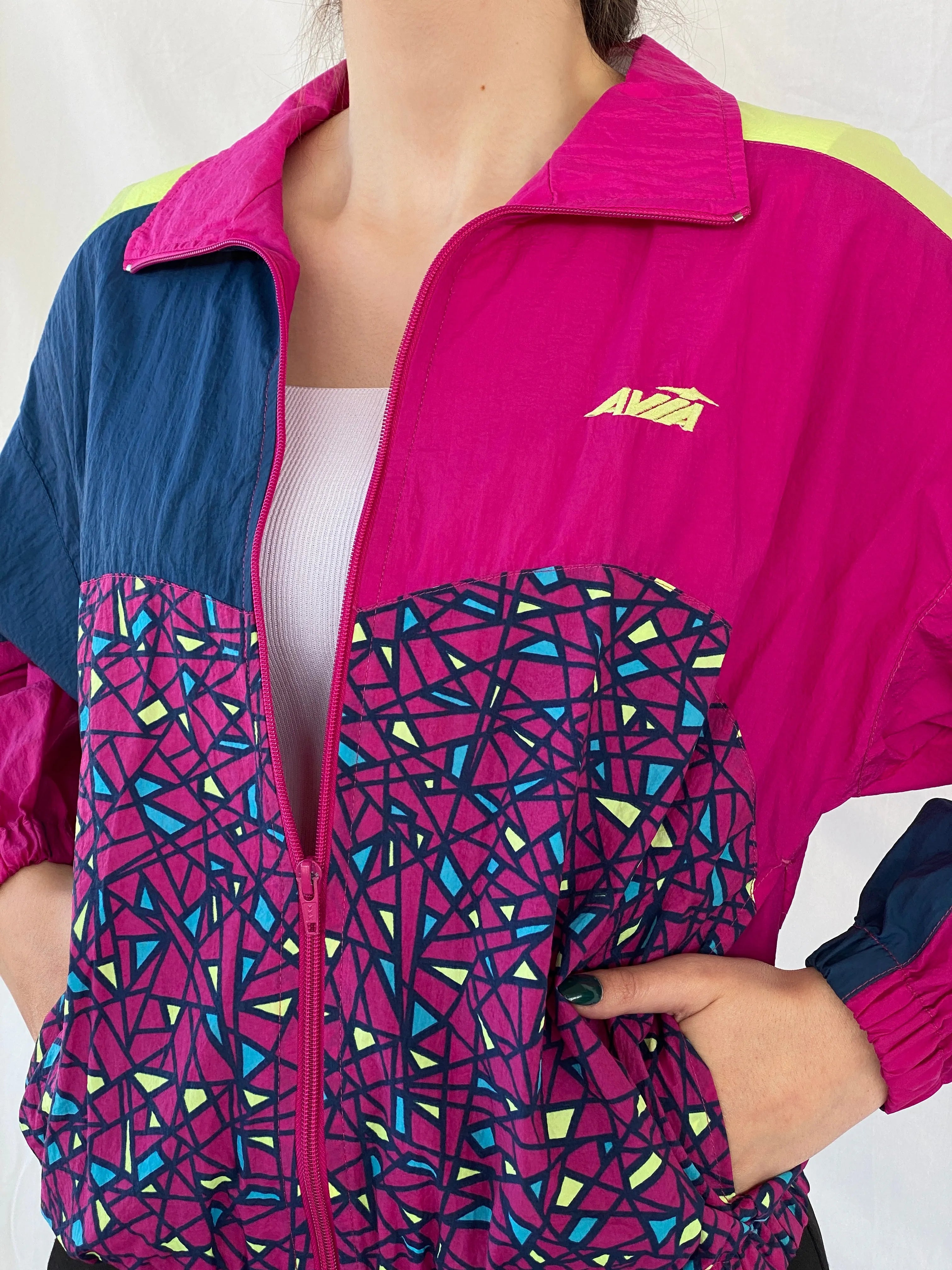 Avia Pink Yellow Geometric Women’s Windbreaker Track Jacket - S - Balagan Vintage Windbreaker Jacket 00s, Ayah, consignment, Tasnim, vintage, vintage windbreaker, windbreaker, windbreaker jacket, women