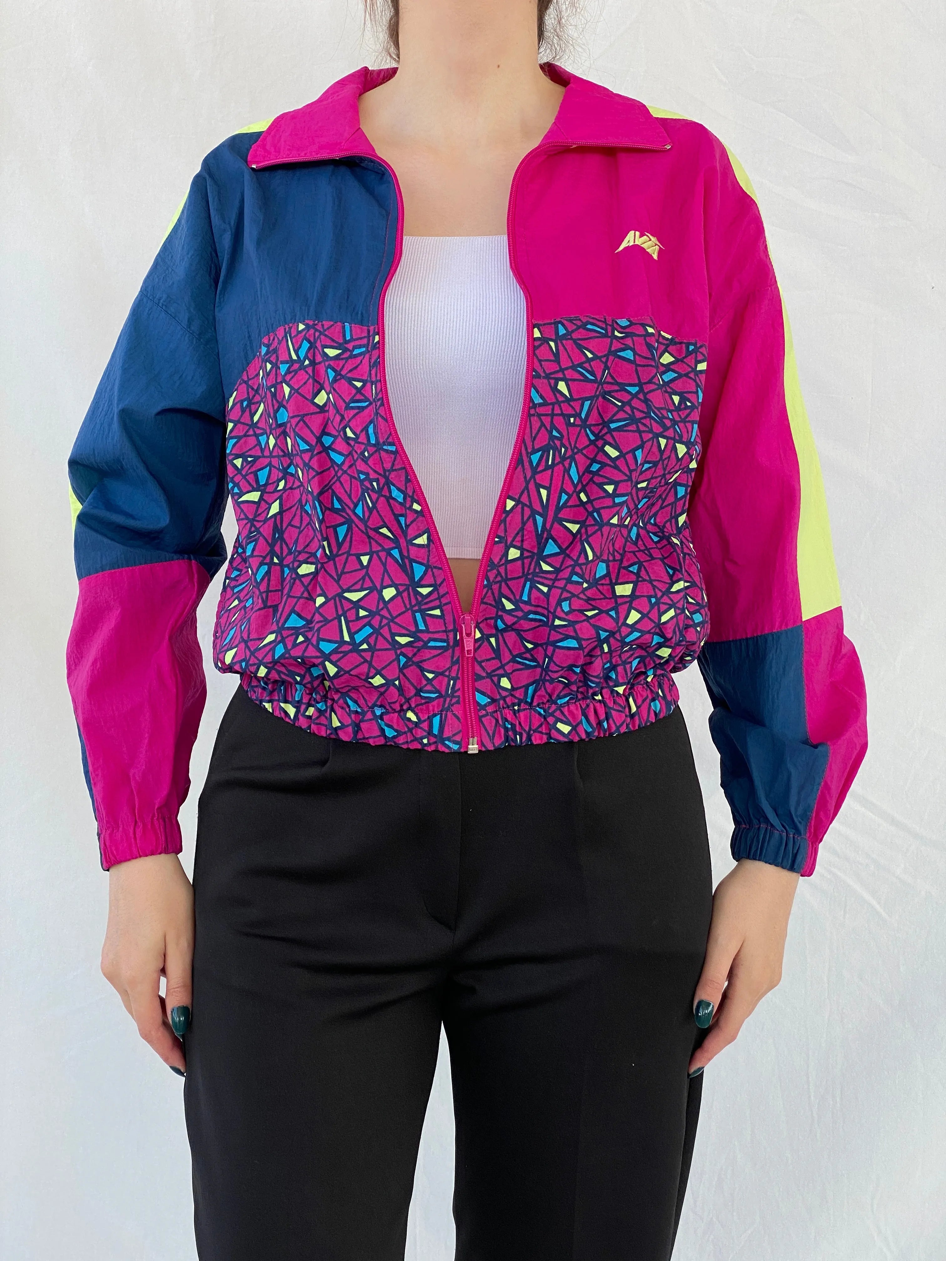 Avia Pink Yellow Geometric Women’s Windbreaker Track Jacket - S - Balagan Vintage Windbreaker Jacket 00s, Ayah, consignment, Tasnim, vintage, vintage windbreaker, windbreaker, windbreaker jacket, women