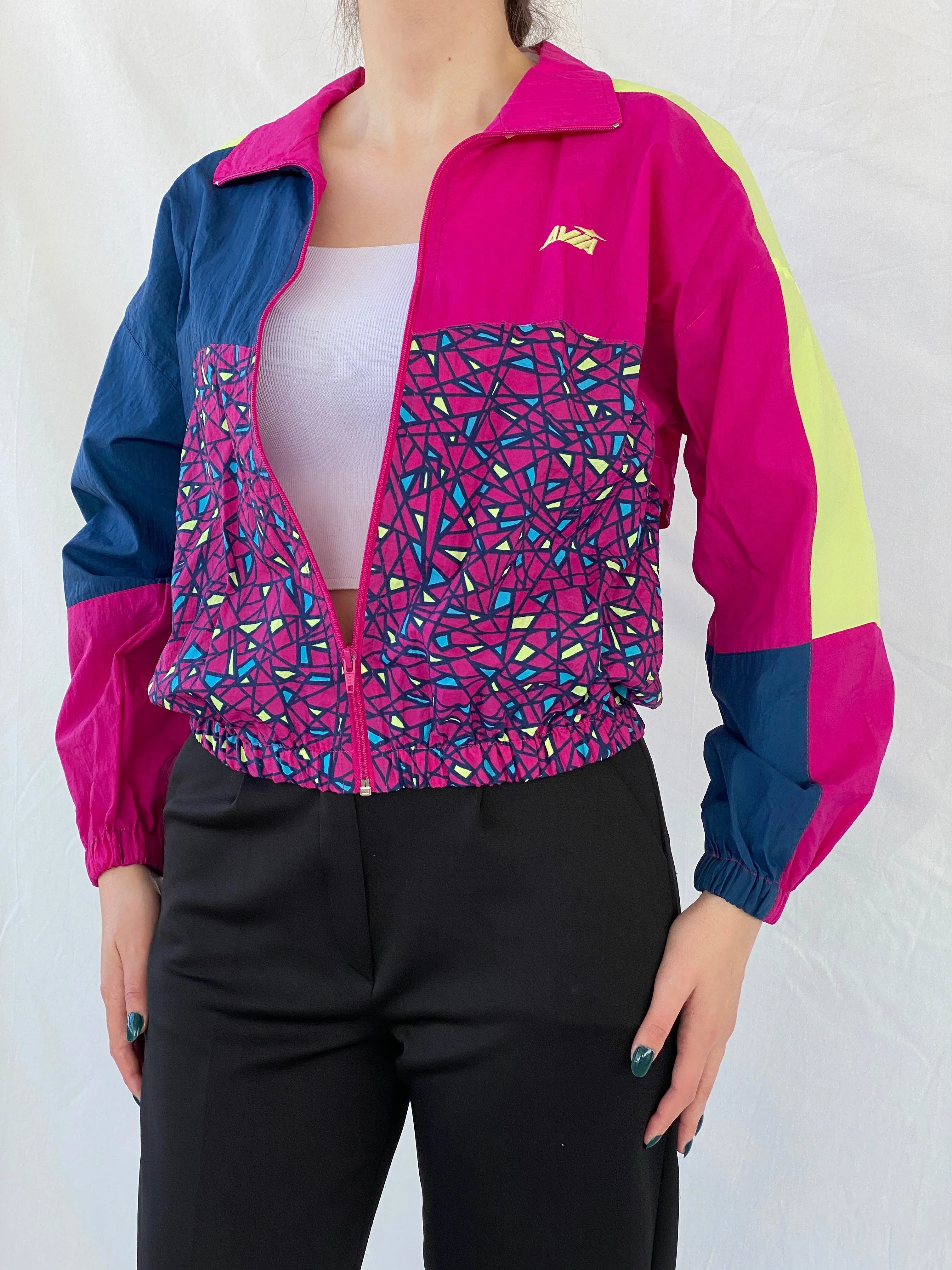 Avia Pink Yellow Geometric Women’s Windbreaker Track Jacket - S - Balagan Vintage Windbreaker Jacket 00s, Ayah, consignment, Tasnim, vintage, vintage windbreaker, windbreaker, windbreaker jacket, women