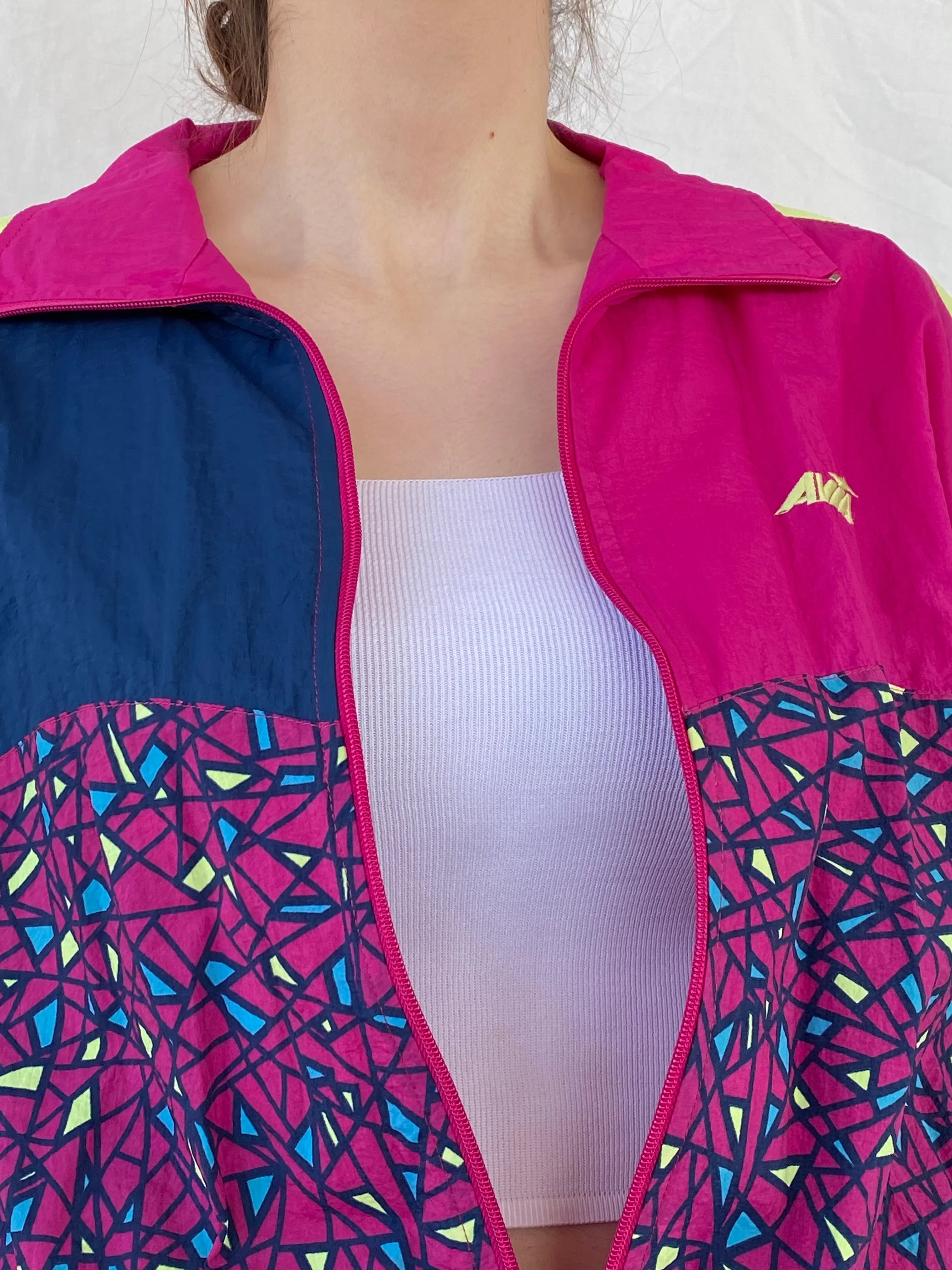 Avia Pink Yellow Geometric Women’s Windbreaker Track Jacket - S - Balagan Vintage Windbreaker Jacket 00s, Ayah, consignment, Tasnim, vintage, vintage windbreaker, windbreaker, windbreaker jacket, women