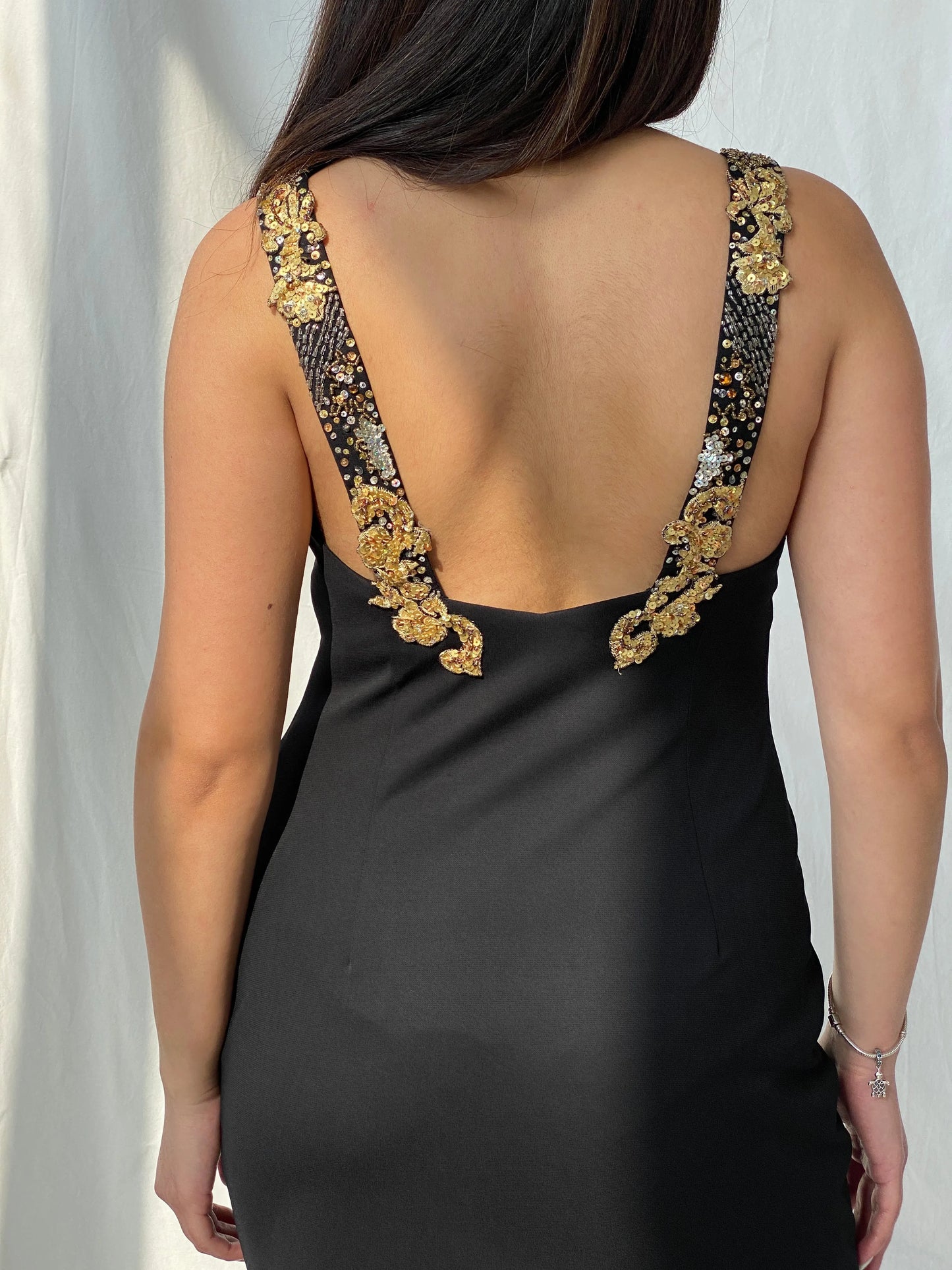 BASIX Black Midi Sleeveless Bodycon Dress with Gold Sequin & Beading Details - M - Balagan Vintage Midi Dress 00s, 00s dress, consignment, Fatima, Mini Dress, Sadouf, Wedding Guest, winter