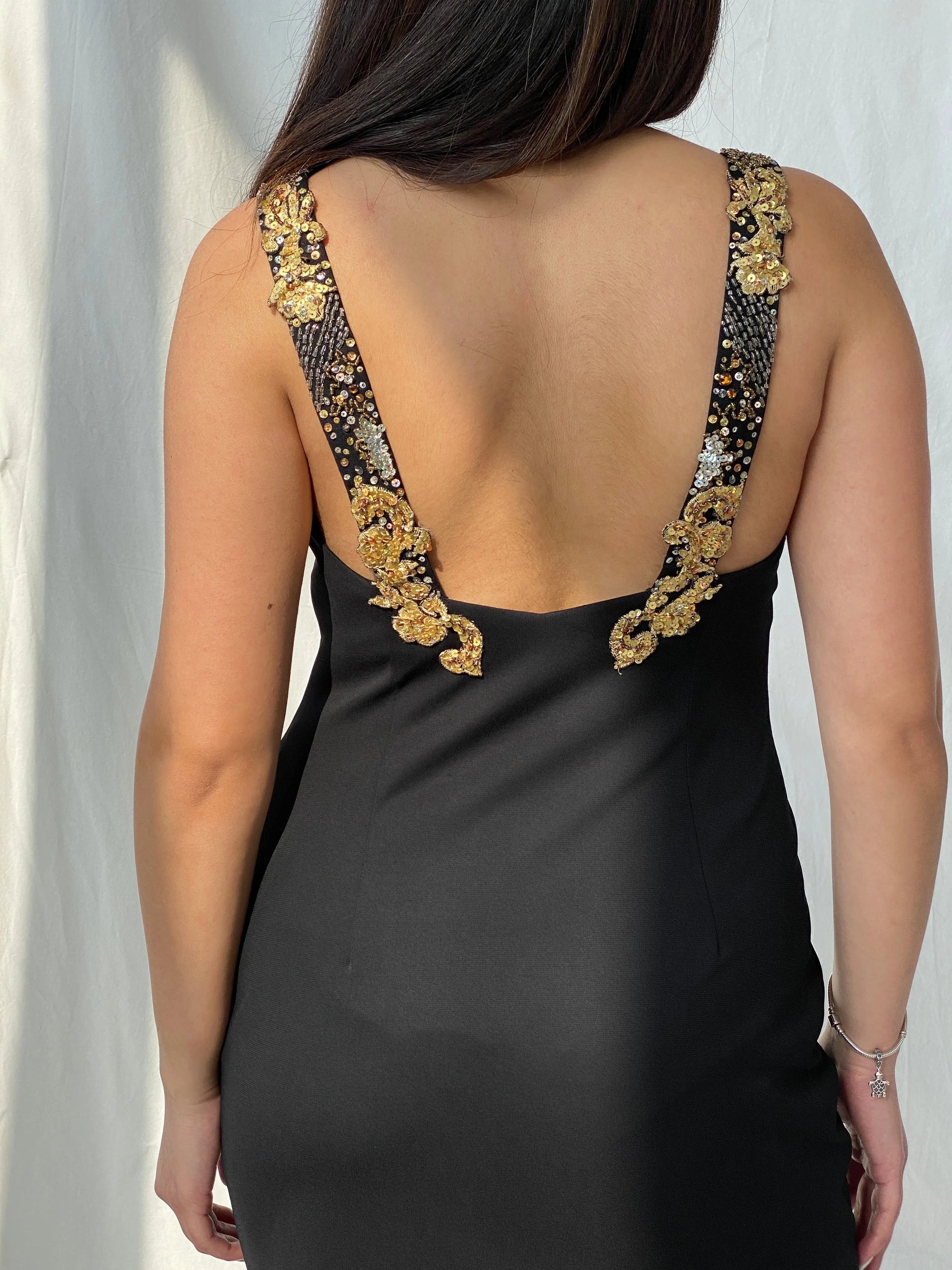 BASIX Black Midi Sleeveless Bodycon Dress with Gold Sequin & Beading Details - M - Balagan Vintage Midi Dress 00s, 00s dress, consignment, Fatima, Mini Dress, Sadouf, Wedding Guest, winter