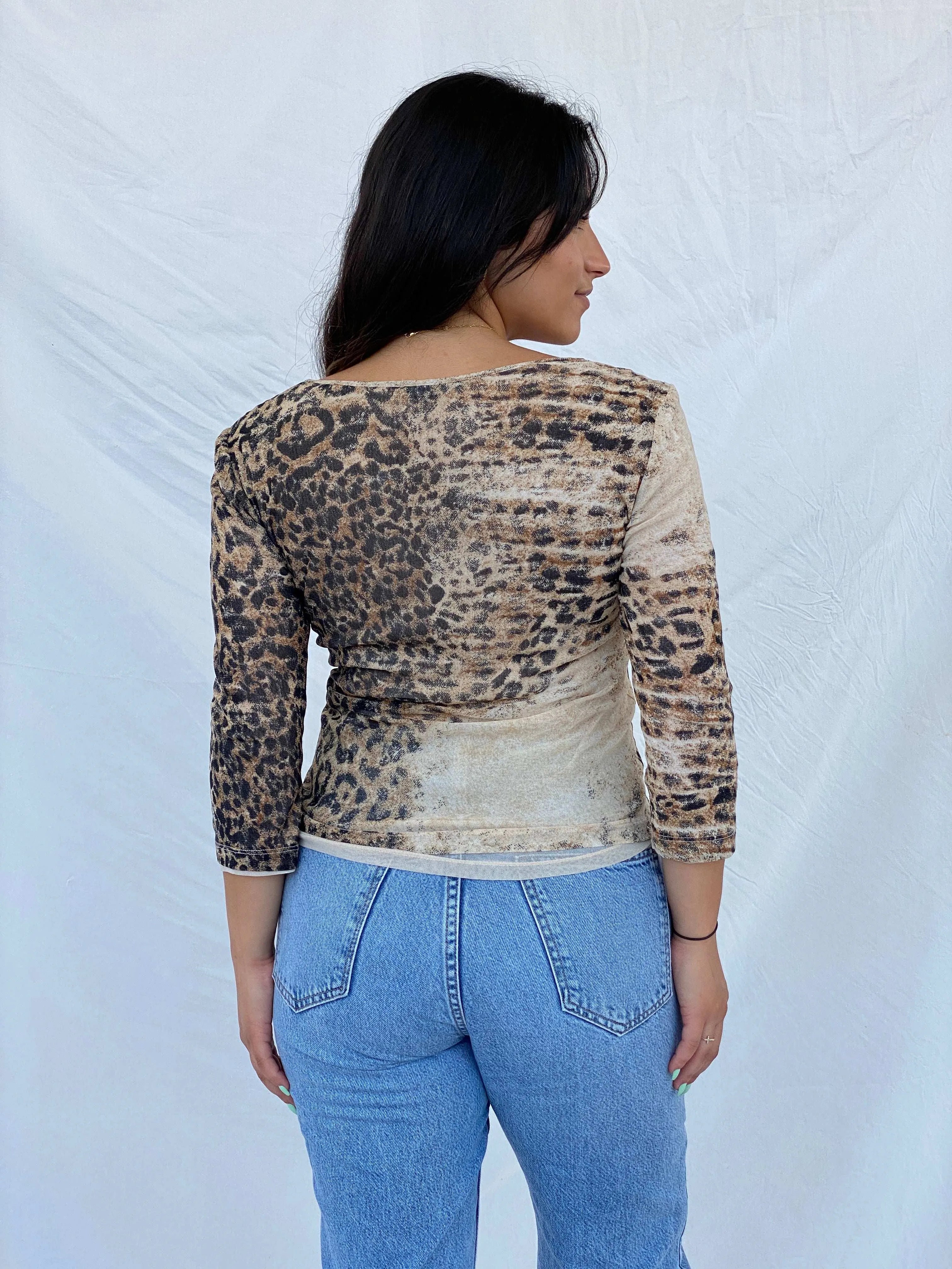 Beautiful 90s Nice Connection Semi Mesh Patchwork Beige Top - M - Balagan Vintage Full Sleeve Top 00s, animal print, Lana, patchwork, summer, Y2K