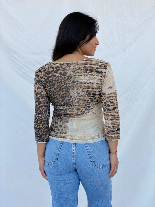 Beautiful 90s Nice Connection Semi Mesh Patchwork Beige Top - M - Balagan Vintage Full Sleeve Top 00s, animal print, Lana, patchwork, summer, Y2K