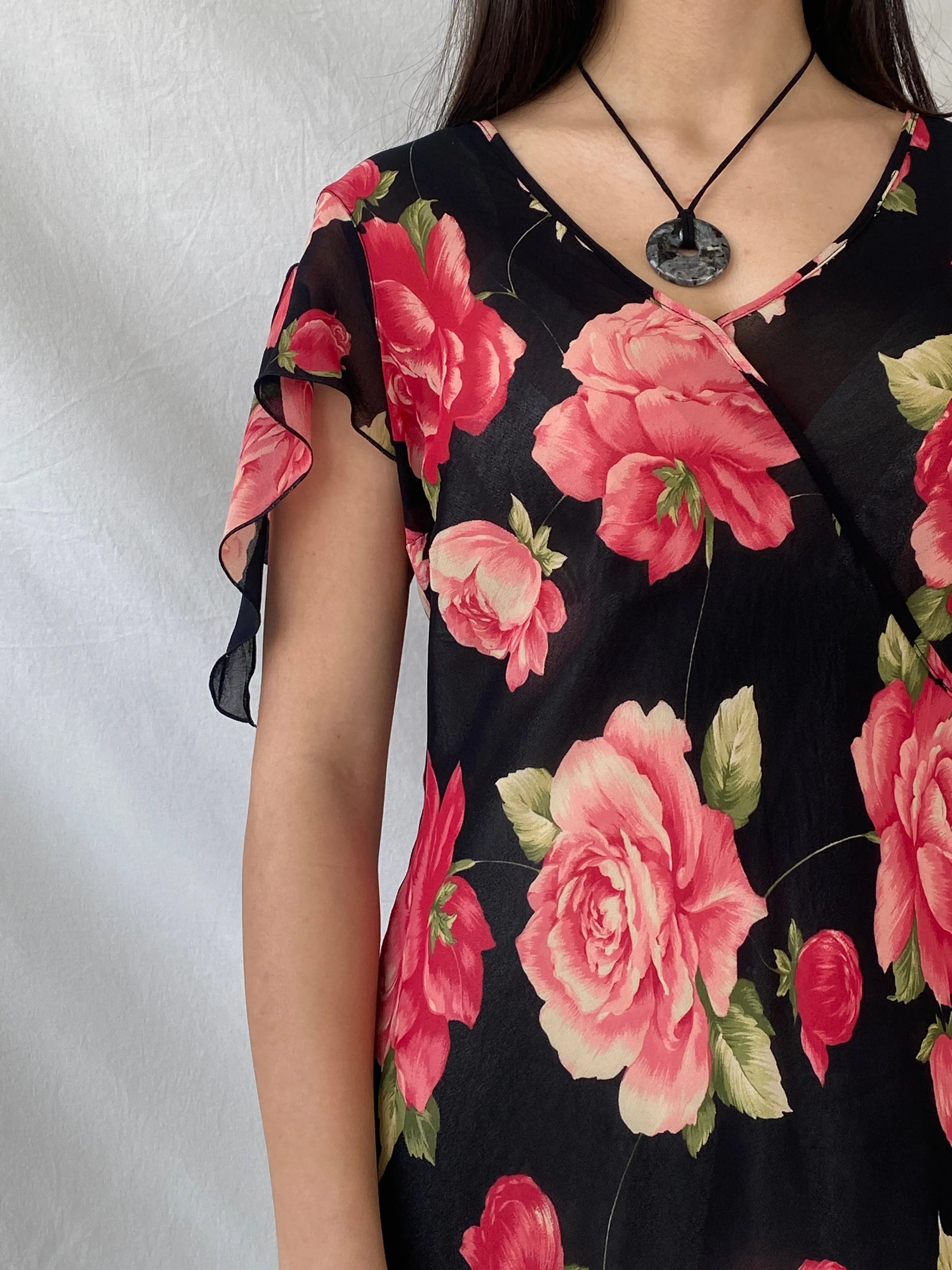 Beautiful 90s Wallis Floral Pink and Black Full Sheer Maxi Dress - M - Balagan Vintage Maxi Dress dress, floral, floral dress, maxi dress, mesh, sheer, shimmer, Syntia