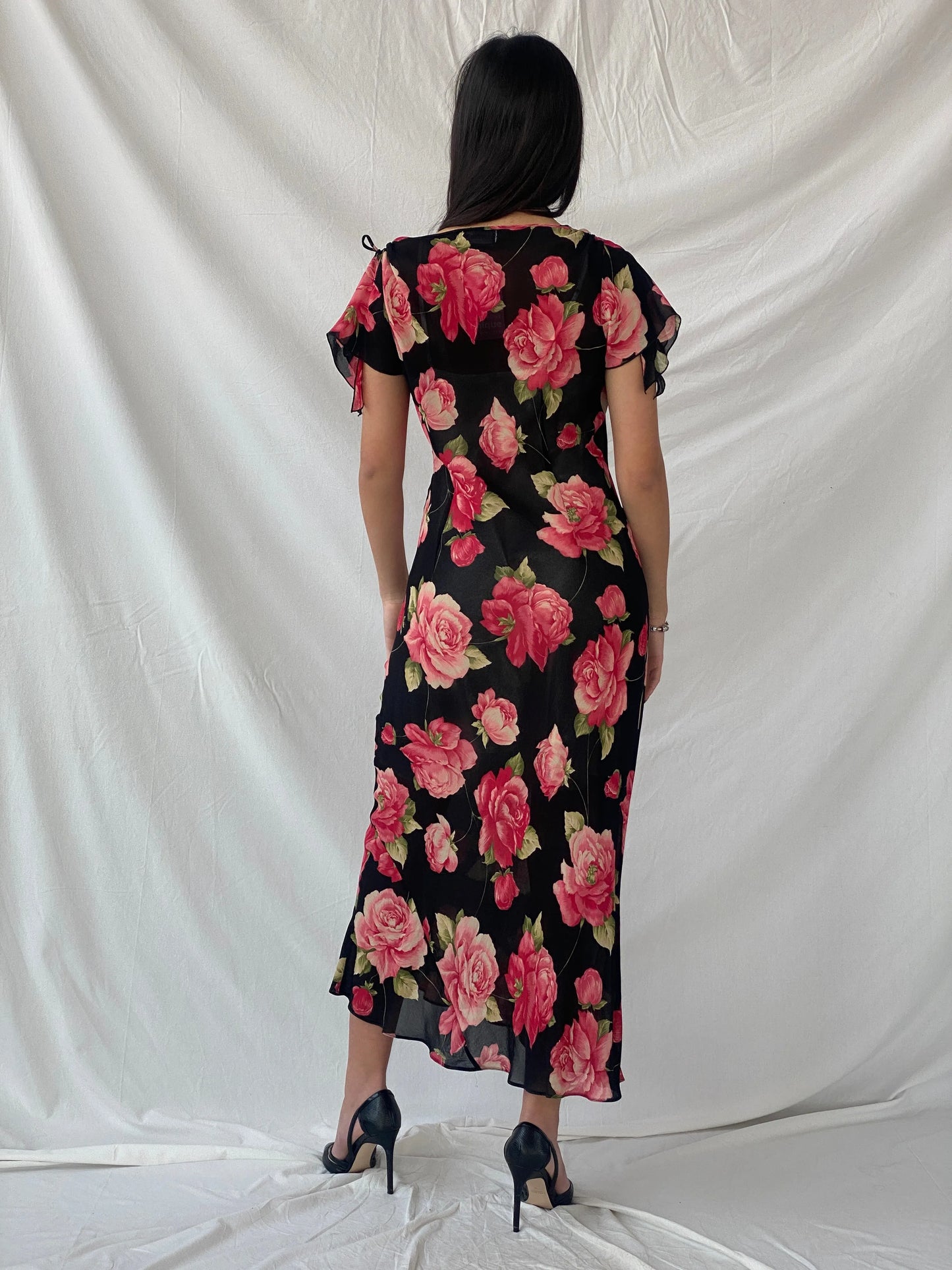 Beautiful 90s Wallis Floral Pink and Black Full Sheer Maxi Dress - M - Balagan Vintage Maxi Dress dress, floral, floral dress, maxi dress, mesh, sheer, shimmer, Syntia