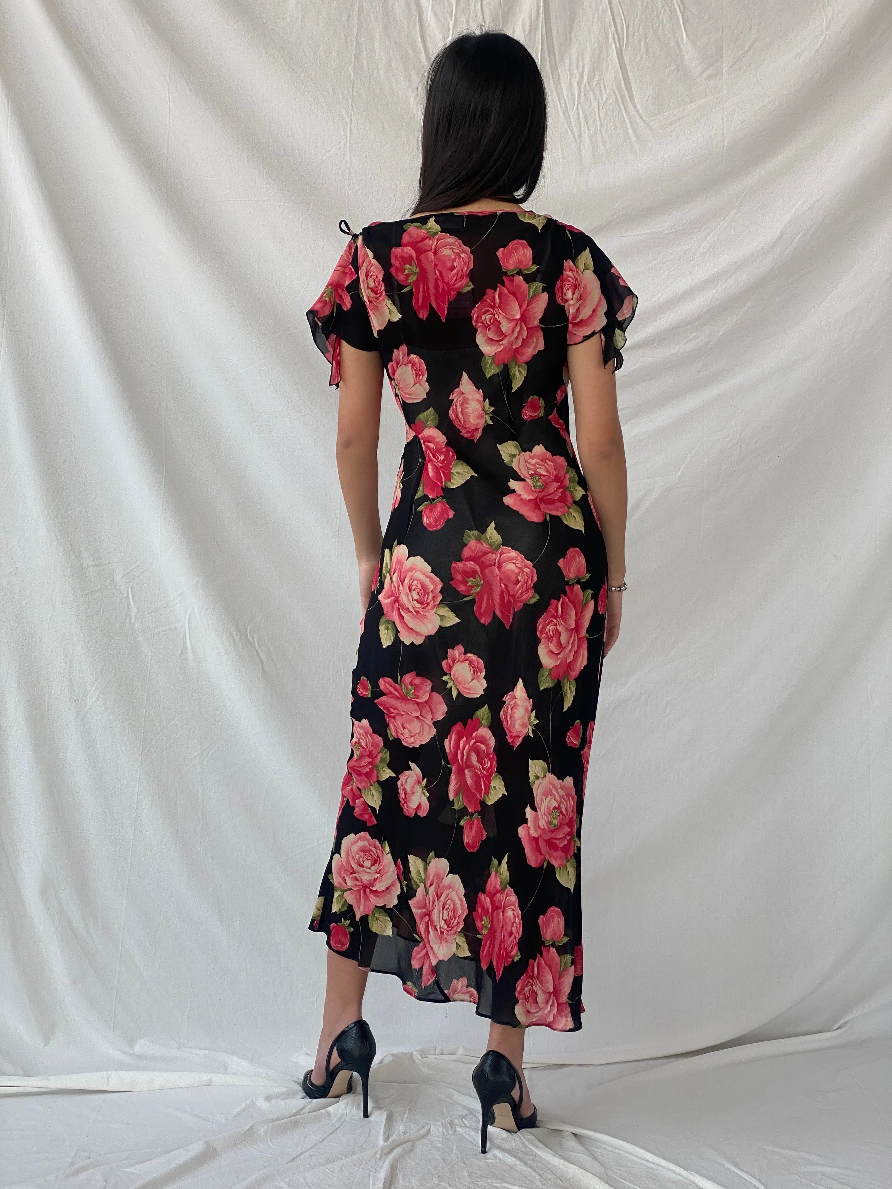 Beautiful 90s Wallis Floral Pink and Black Full Sheer Maxi Dress - M - Balagan Vintage Maxi Dress dress, floral, floral dress, maxi dress, mesh, sheer, shimmer, Syntia