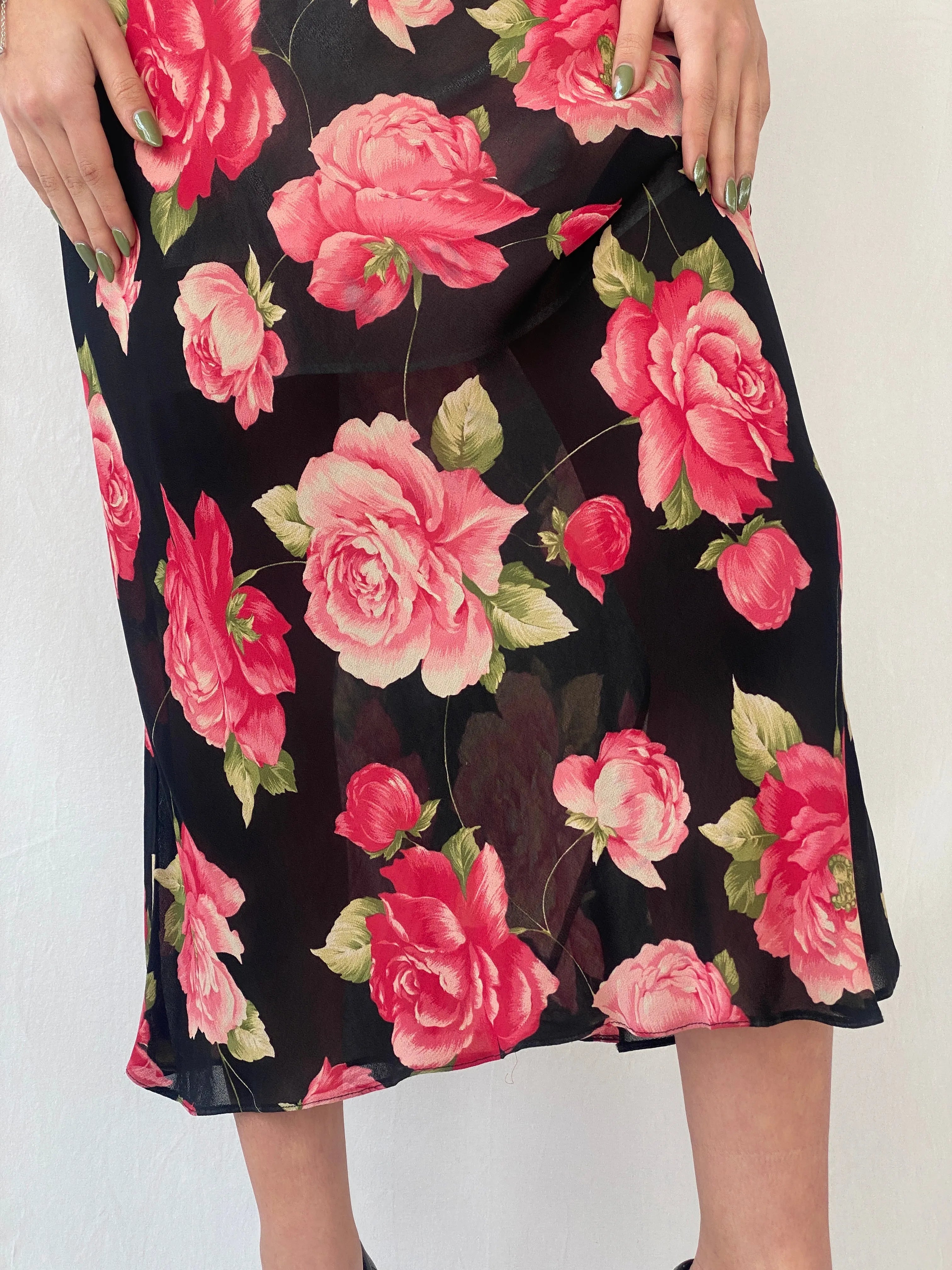 Beautiful 90s Wallis Floral Pink and Black Full Sheer Maxi Dress - M - Balagan Vintage Maxi Dress dress, floral, floral dress, maxi dress, mesh, sheer, shimmer, Syntia