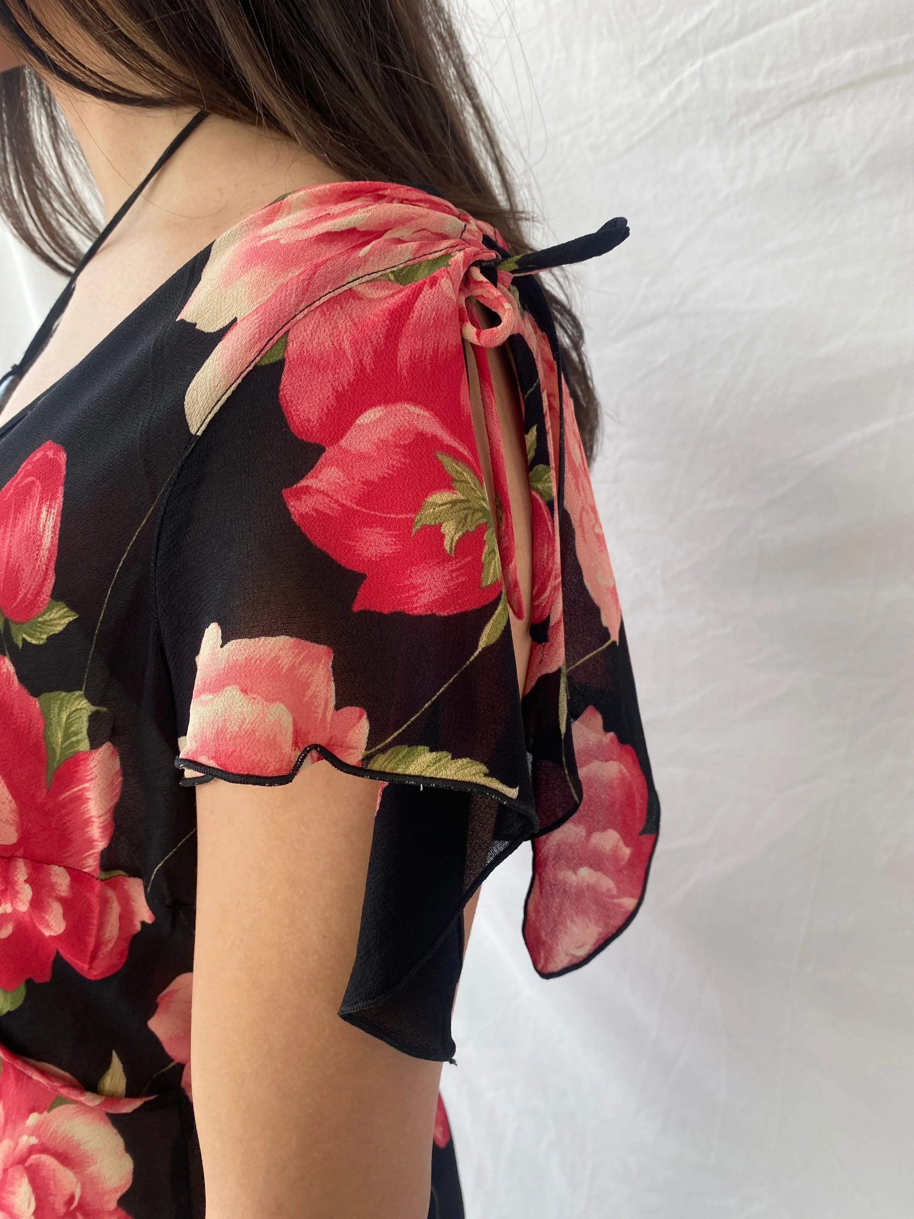 Beautiful 90s Wallis Floral Pink and Black Full Sheer Maxi Dress - M - Balagan Vintage Maxi Dress dress, floral, floral dress, maxi dress, mesh, sheer, shimmer, Syntia