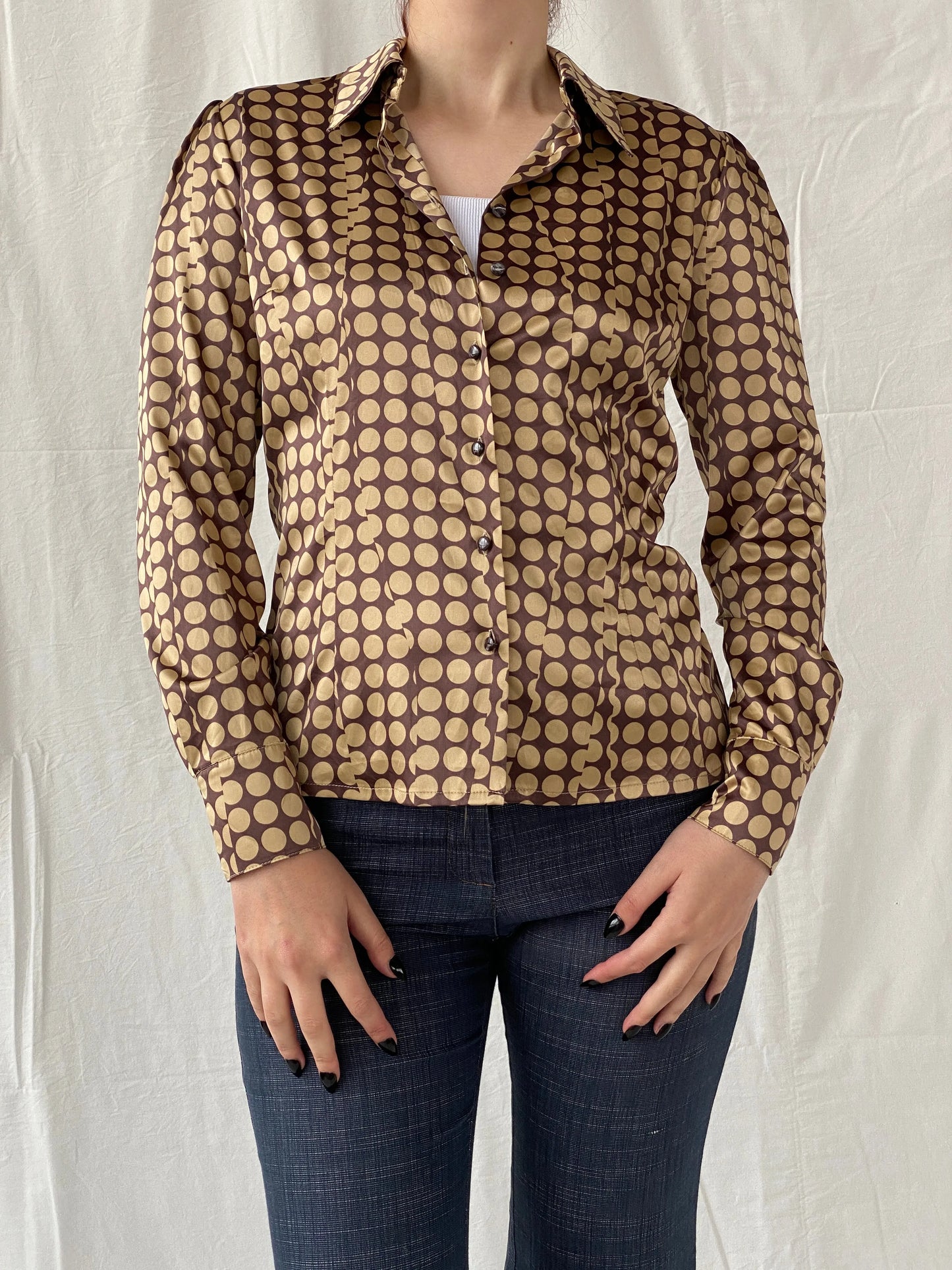 Beautiful Apart Brown Beige Polka Dot Buttoned Long Sleeve Women’s Shirt - S - Balagan Vintage Full sleeve Shirt 00s, Ayah, full sleeve shirt, shirt, women shirt