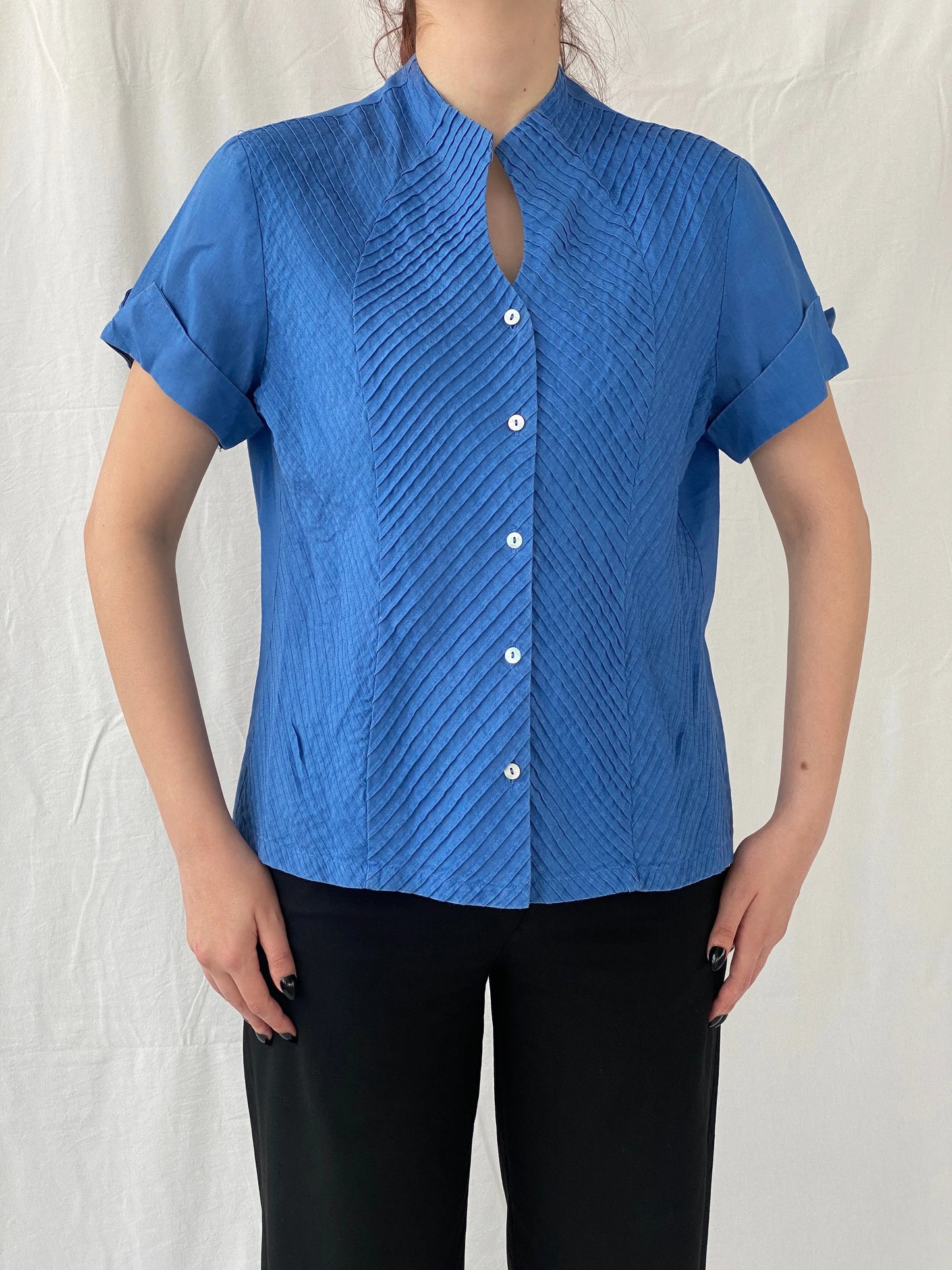 Beautiful Appraisal Blue Ramie Women’s Short Sleeve Buttoned Structured Shirt - L - Balagan Vintage Half Sleeve Shirt Ayah, half sleeve shirt, shirt, women shirt