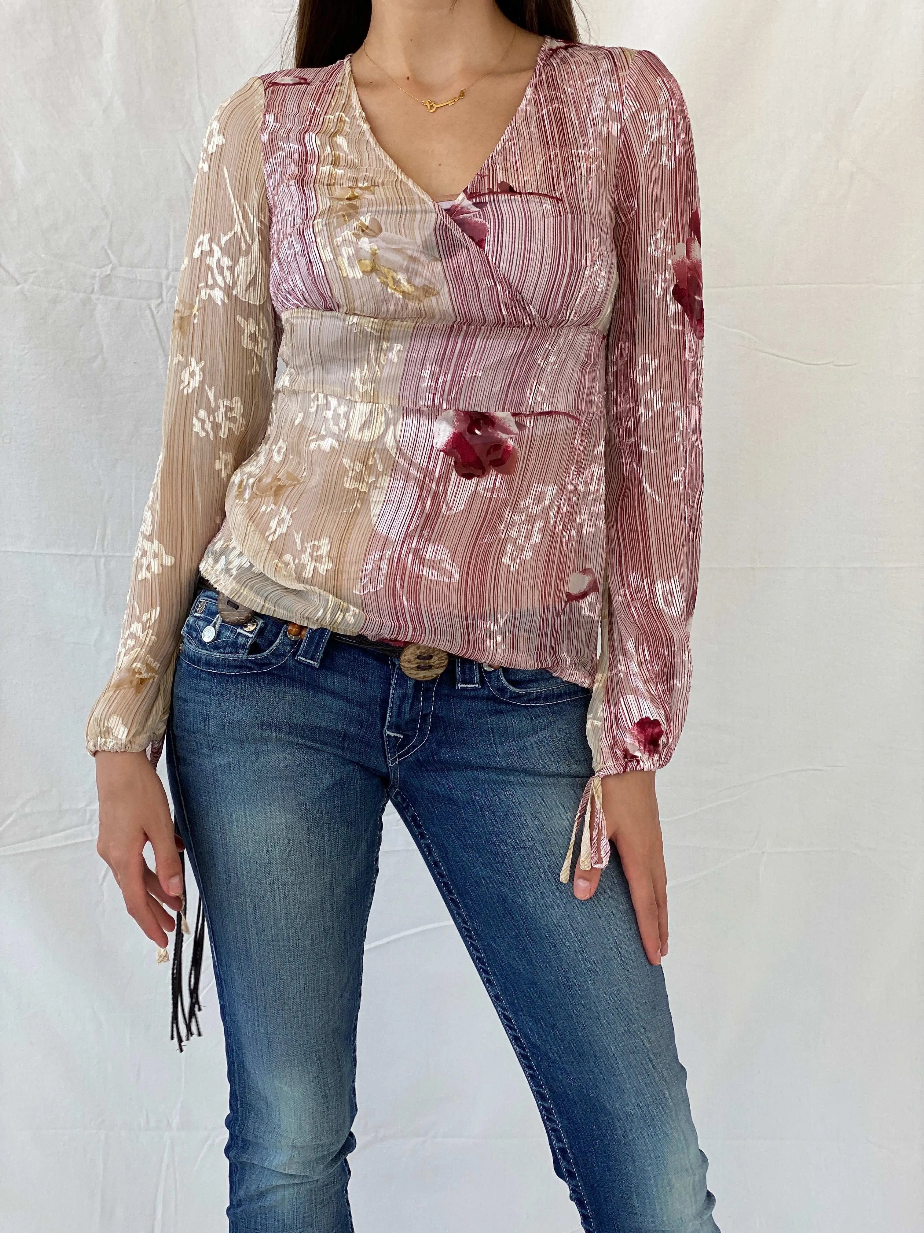 Beautiful Basque Chiffon Floral Pink Sheer Striped Blouse - M - Balagan Vintage Full Sleeve Top 00s, 90s, floral top, Mira, sheer, winter, women top