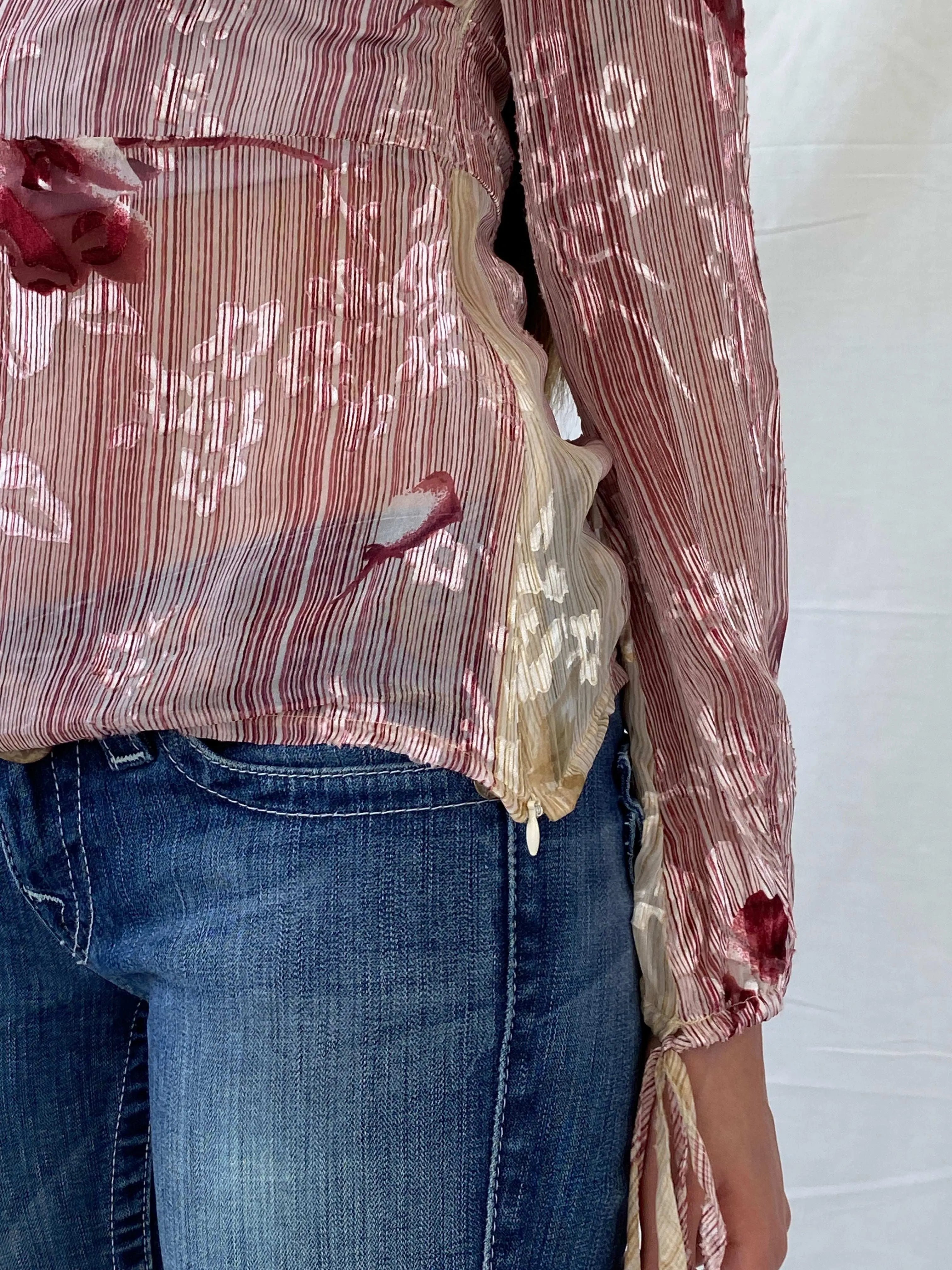 Beautiful Basque Chiffon Floral Pink Sheer Striped Blouse - M - Balagan Vintage Full Sleeve Top 00s, 90s, floral top, Mira, sheer, winter, women top