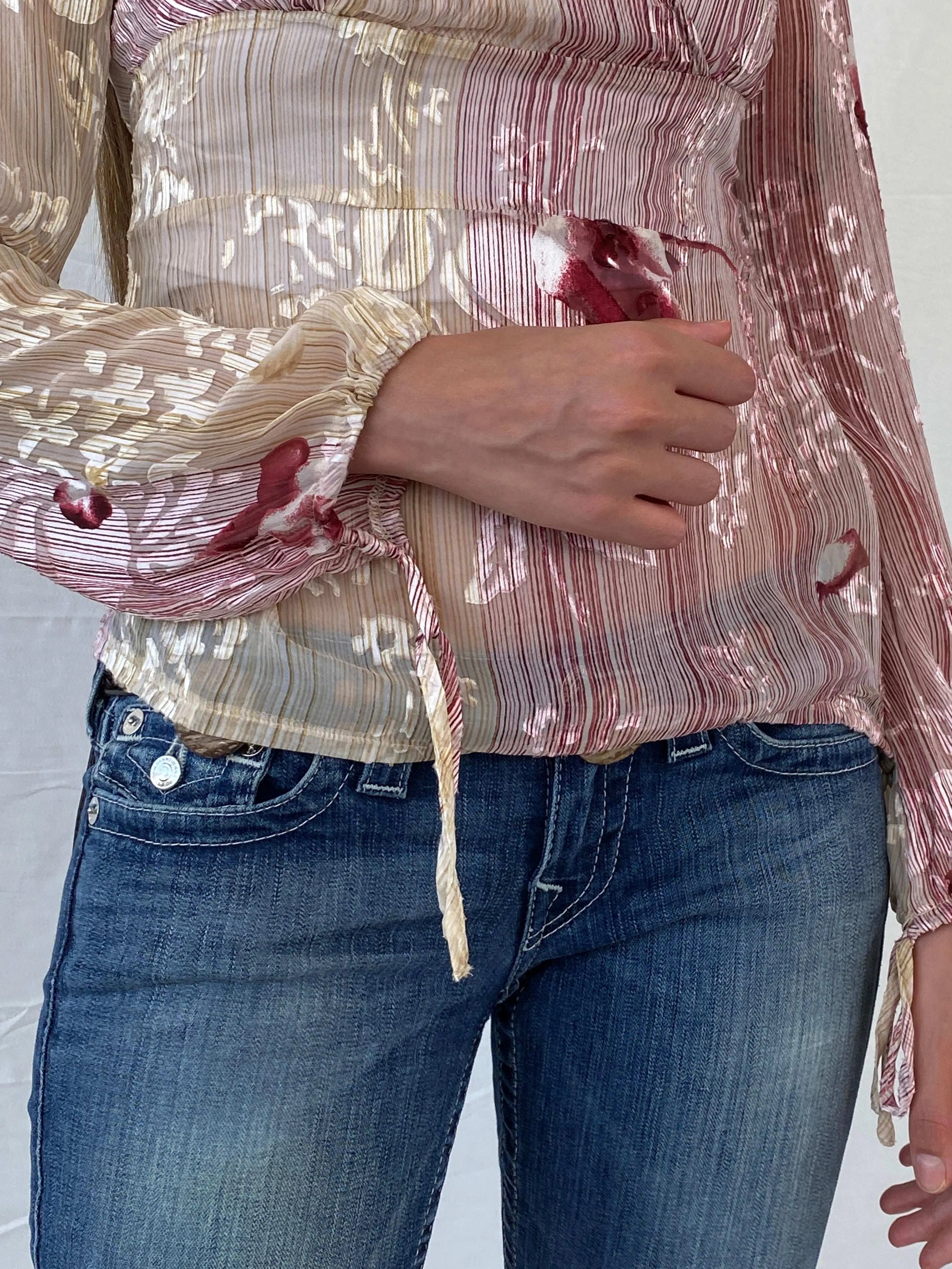 Beautiful Basque Chiffon Floral Pink Sheer Striped Blouse - M - Balagan Vintage Full Sleeve Top 00s, 90s, floral top, Mira, sheer, winter, women top