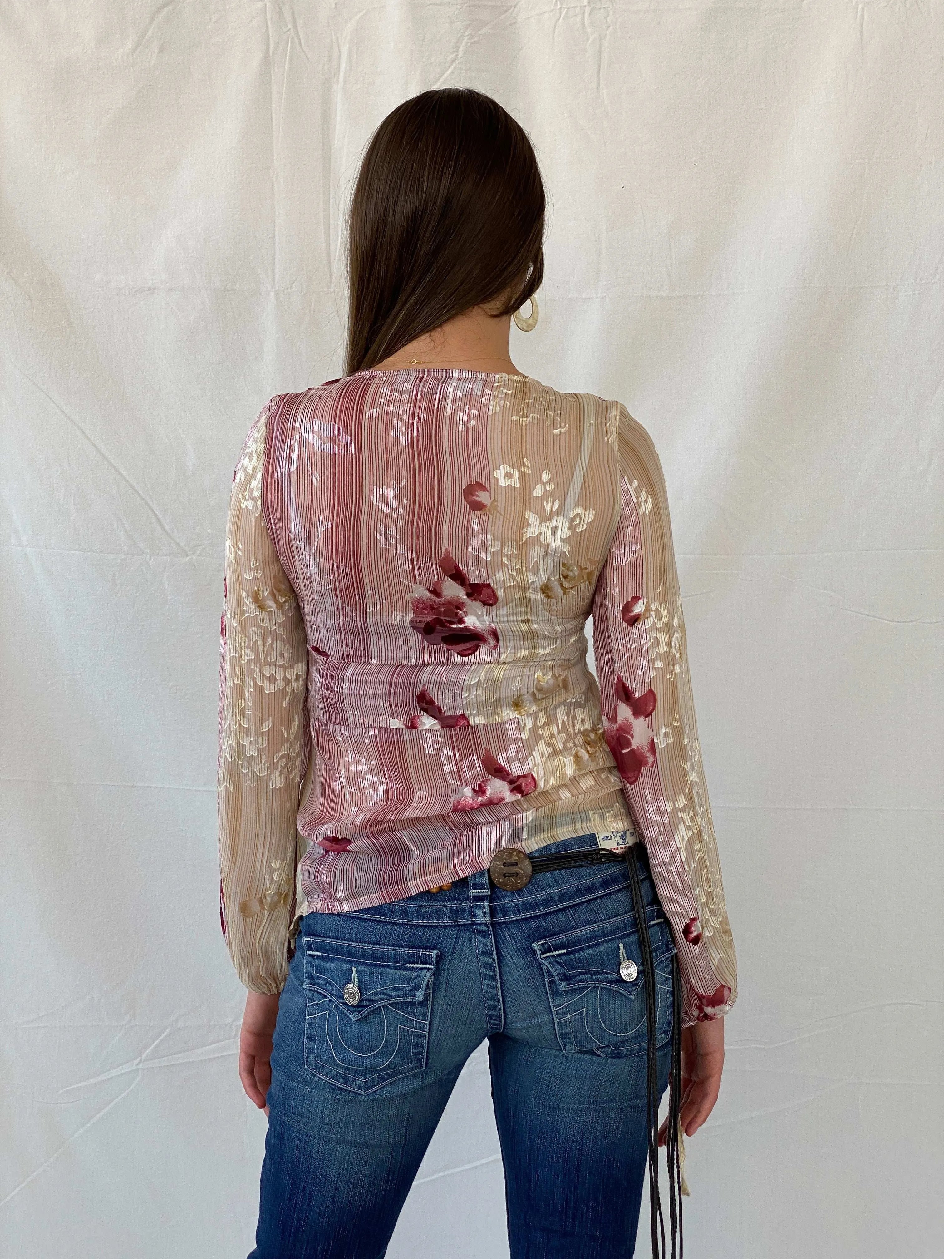 Beautiful Basque Chiffon Floral Pink Sheer Striped Blouse - M - Balagan Vintage Full Sleeve Top 00s, 90s, floral top, Mira, sheer, winter, women top