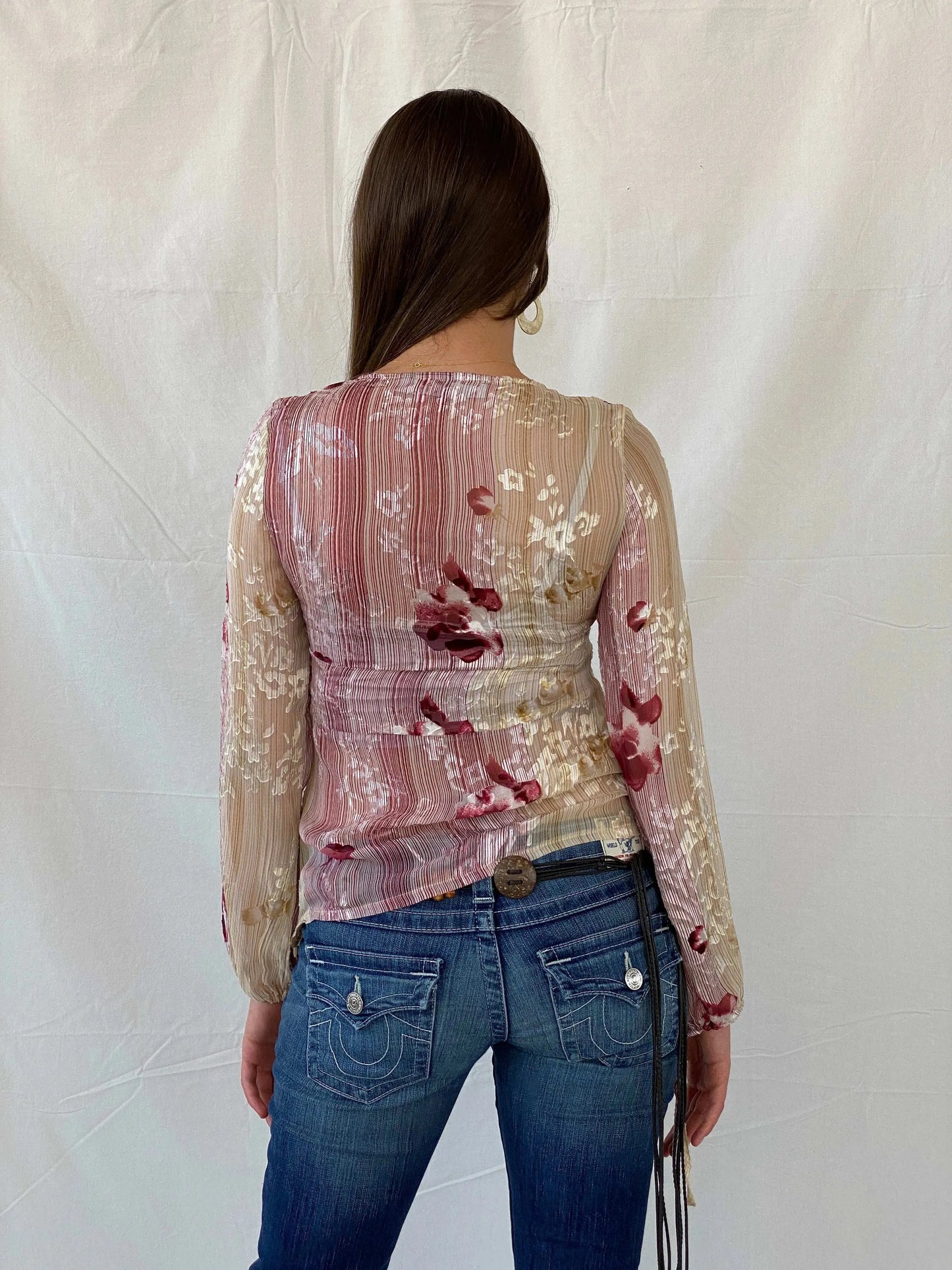 Beautiful Basque Chiffon Floral Pink Sheer Striped Blouse - M - Balagan Vintage Full Sleeve Top 00s, 90s, floral top, Mira, sheer, winter, women top