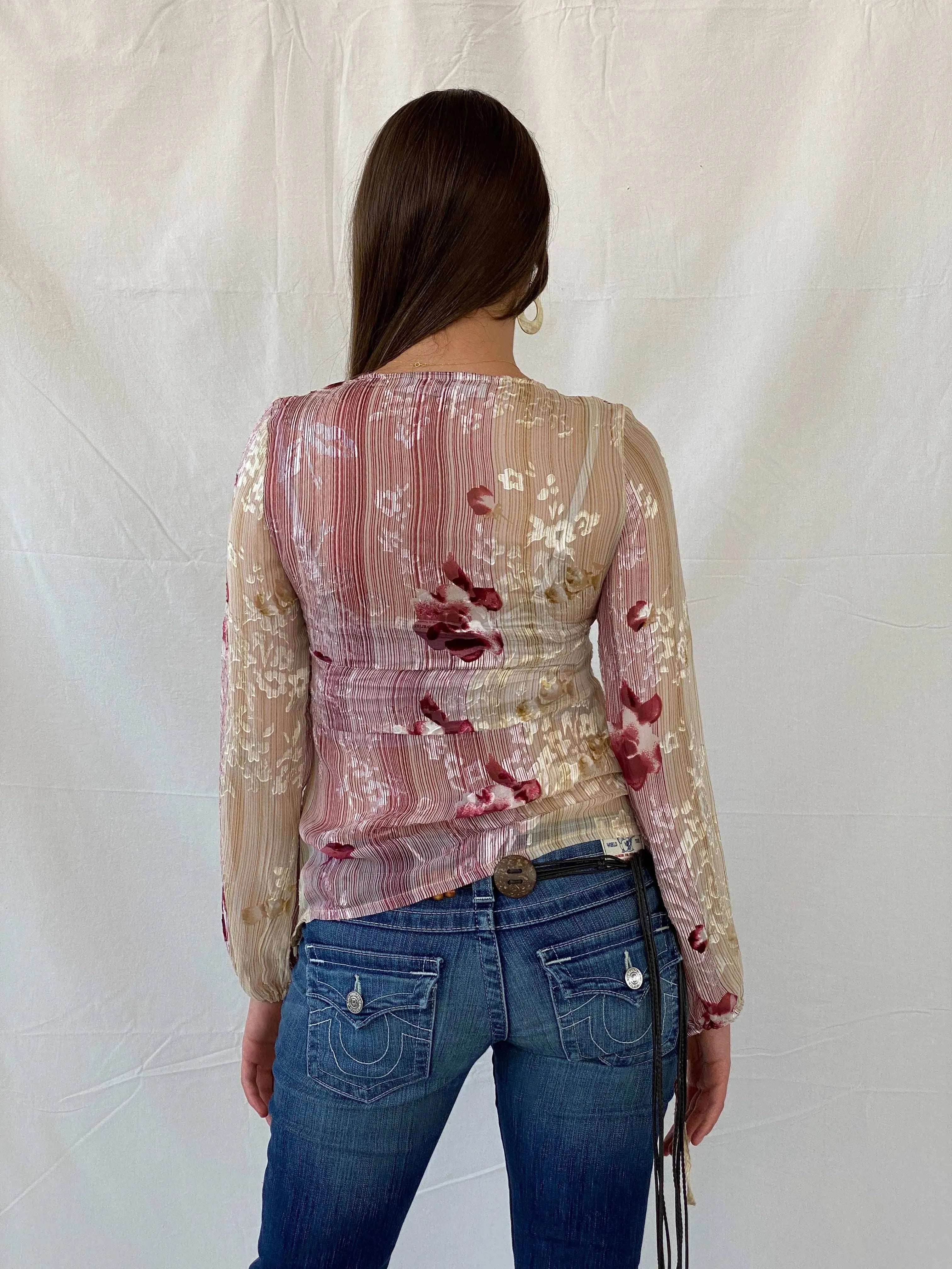 Beautiful Basque Chiffon Floral Pink Sheer Striped Blouse - M - Balagan Vintage Full Sleeve Top 00s, 90s, floral top, Mira, sheer, winter, women top