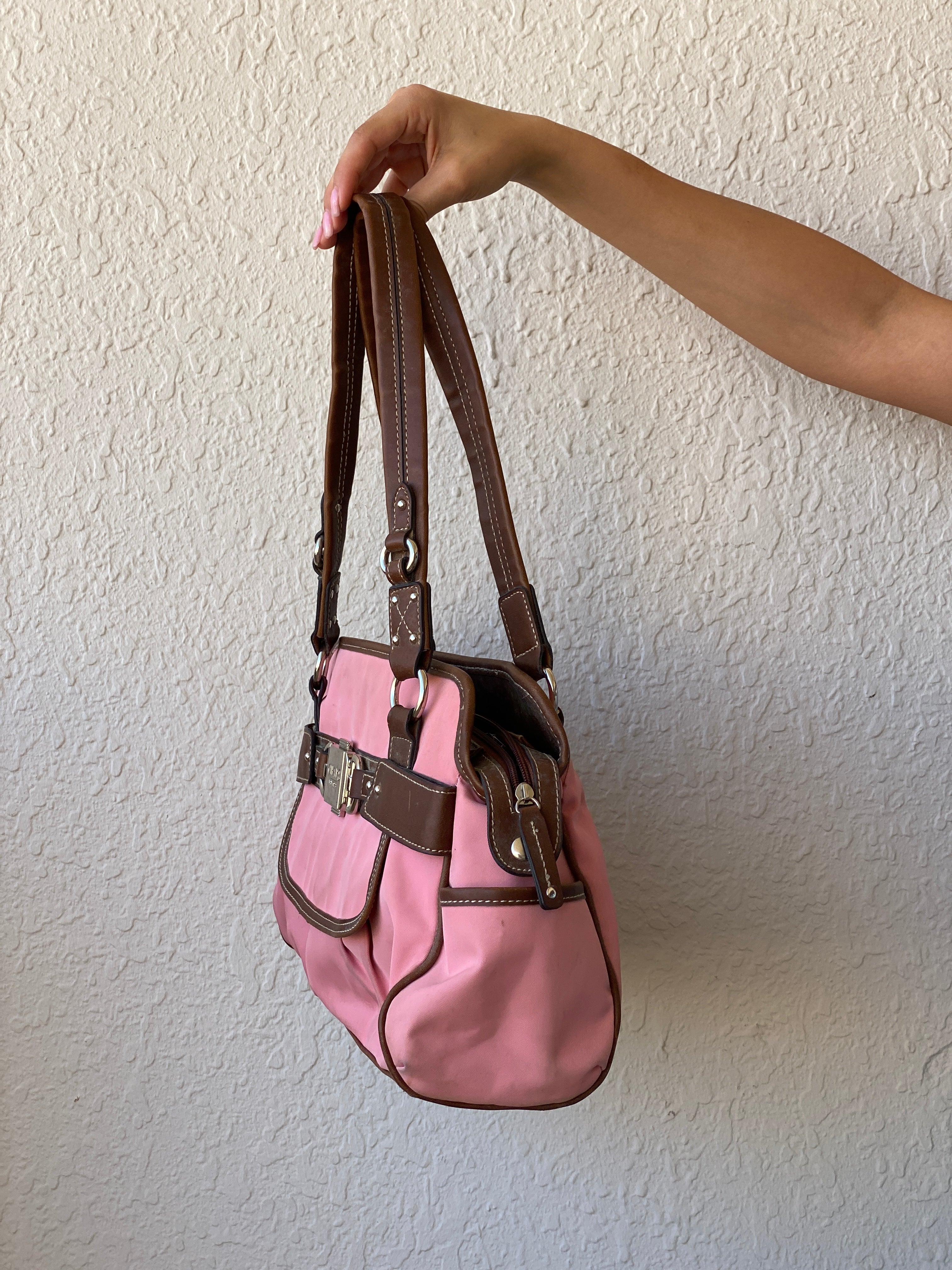 Beautiful Chaps Pink Nylon Brown Leather Shoulder Bag - Balagan Vintage Cross Body Bag 00s, 90s, bag, floral, NEW IN, shoulder bag, Y2K