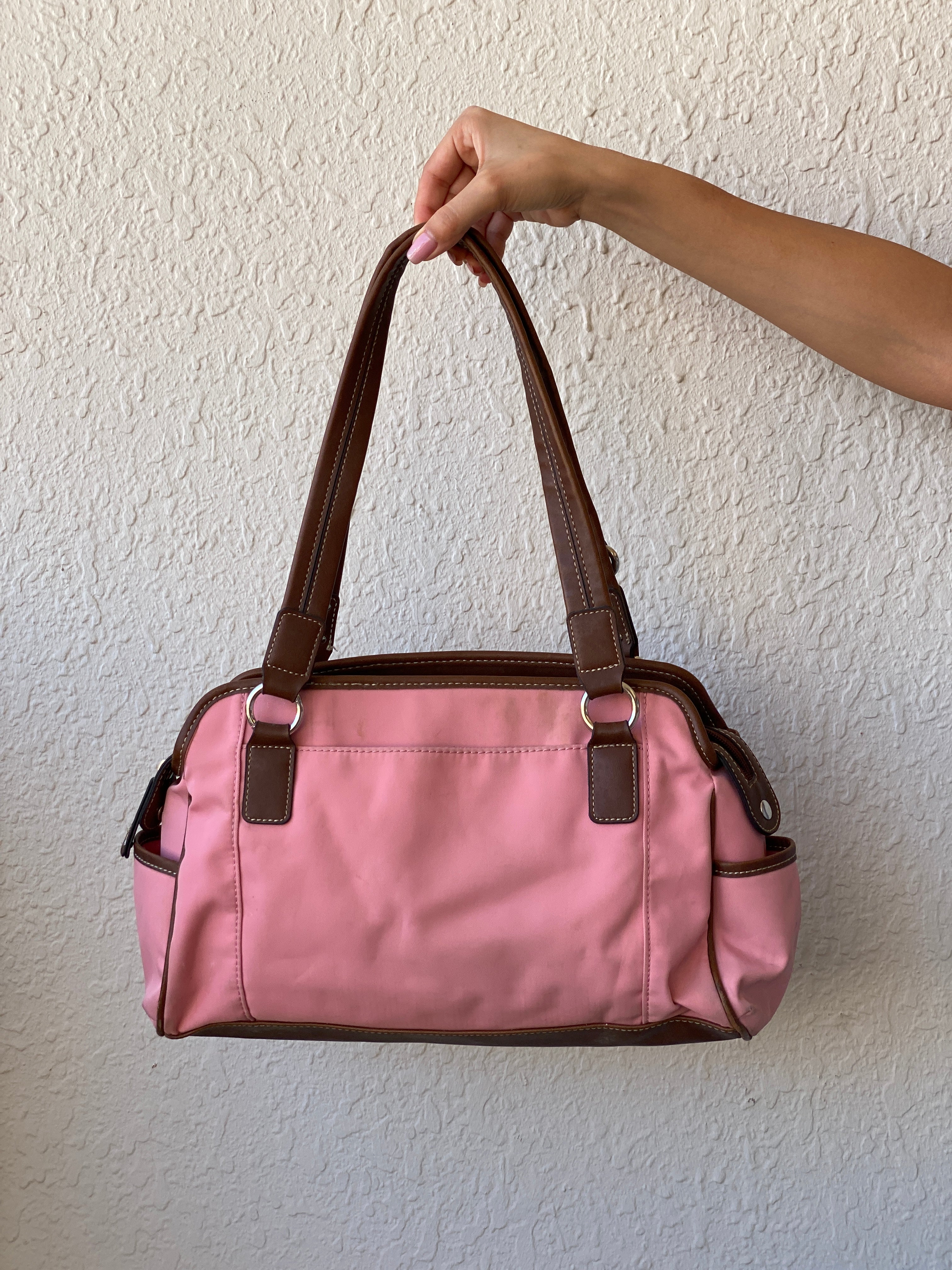 Beautiful Chaps Pink Nylon Brown Leather Shoulder Bag - Balagan Vintage Cross Body Bag 00s, 90s, bag, floral, NEW IN, shoulder bag, Y2K