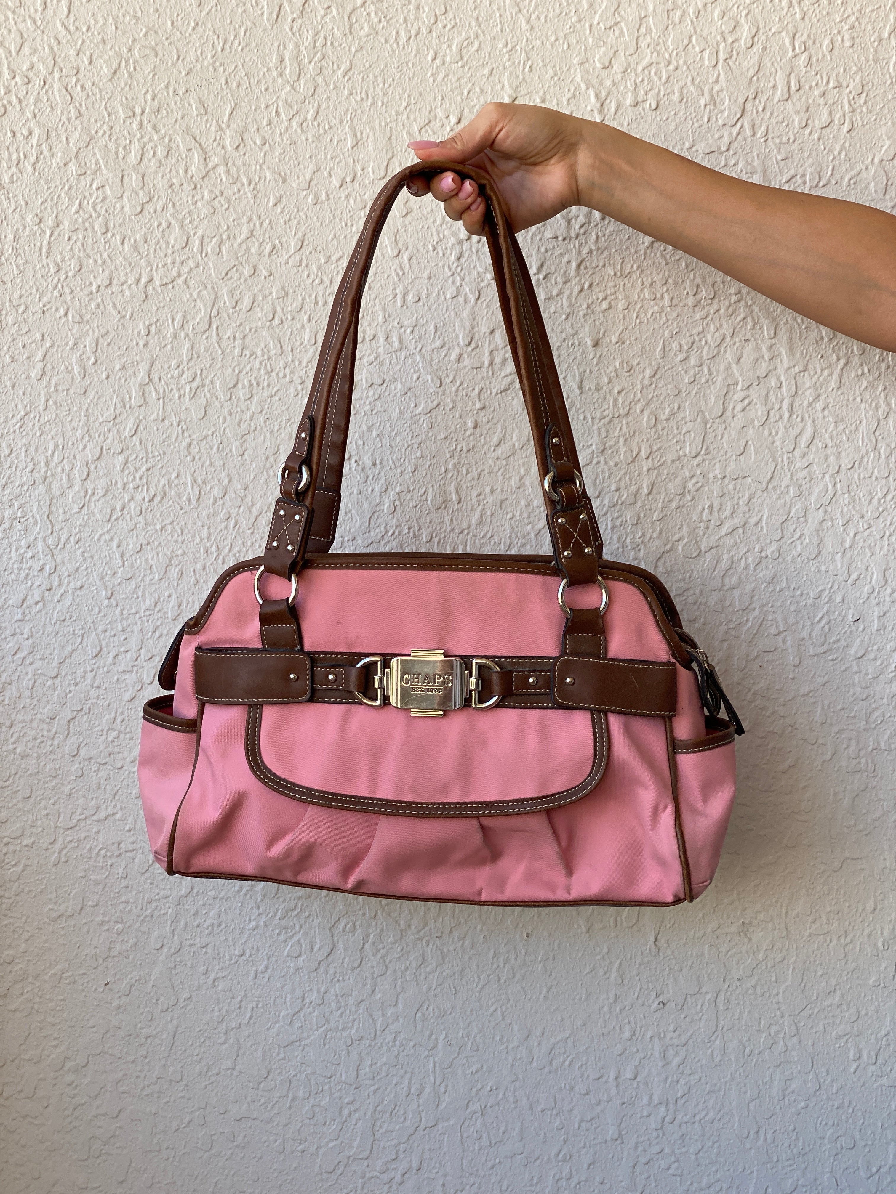 Beautiful Chaps Pink Nylon Brown Leather Shoulder Bag - Balagan Vintage Cross Body Bag 00s, 90s, bag, floral, NEW IN, shoulder bag, Y2K