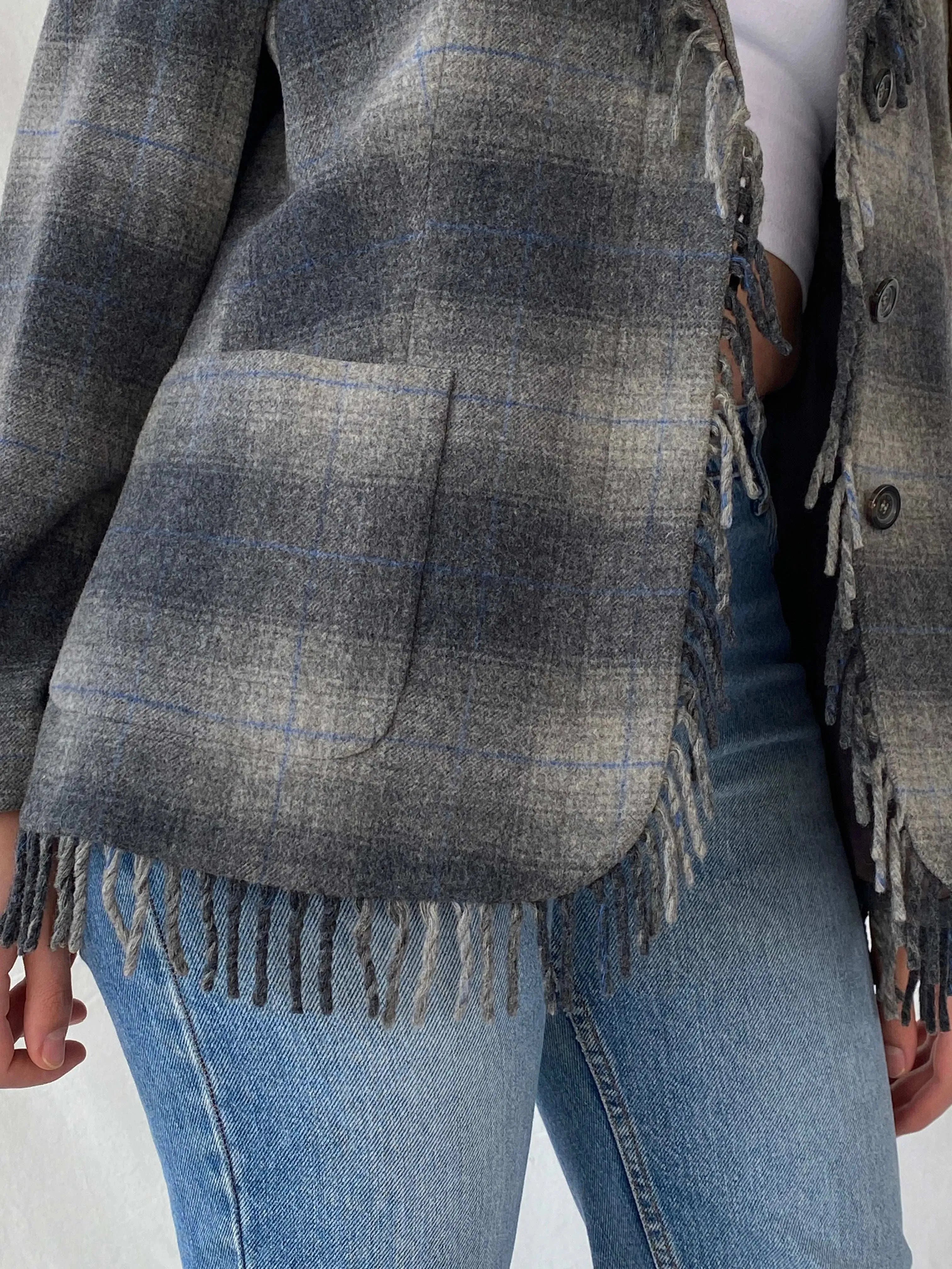 Beautiful ESCADA Sport Gray Wool Plaid Fringed Hem Blazer - XL - Balagan Vintage Blazer 00s, blazer, Coats&Jackets, full sleeve blazer, Mira, plaid, plaid blazer, Women's Blazers