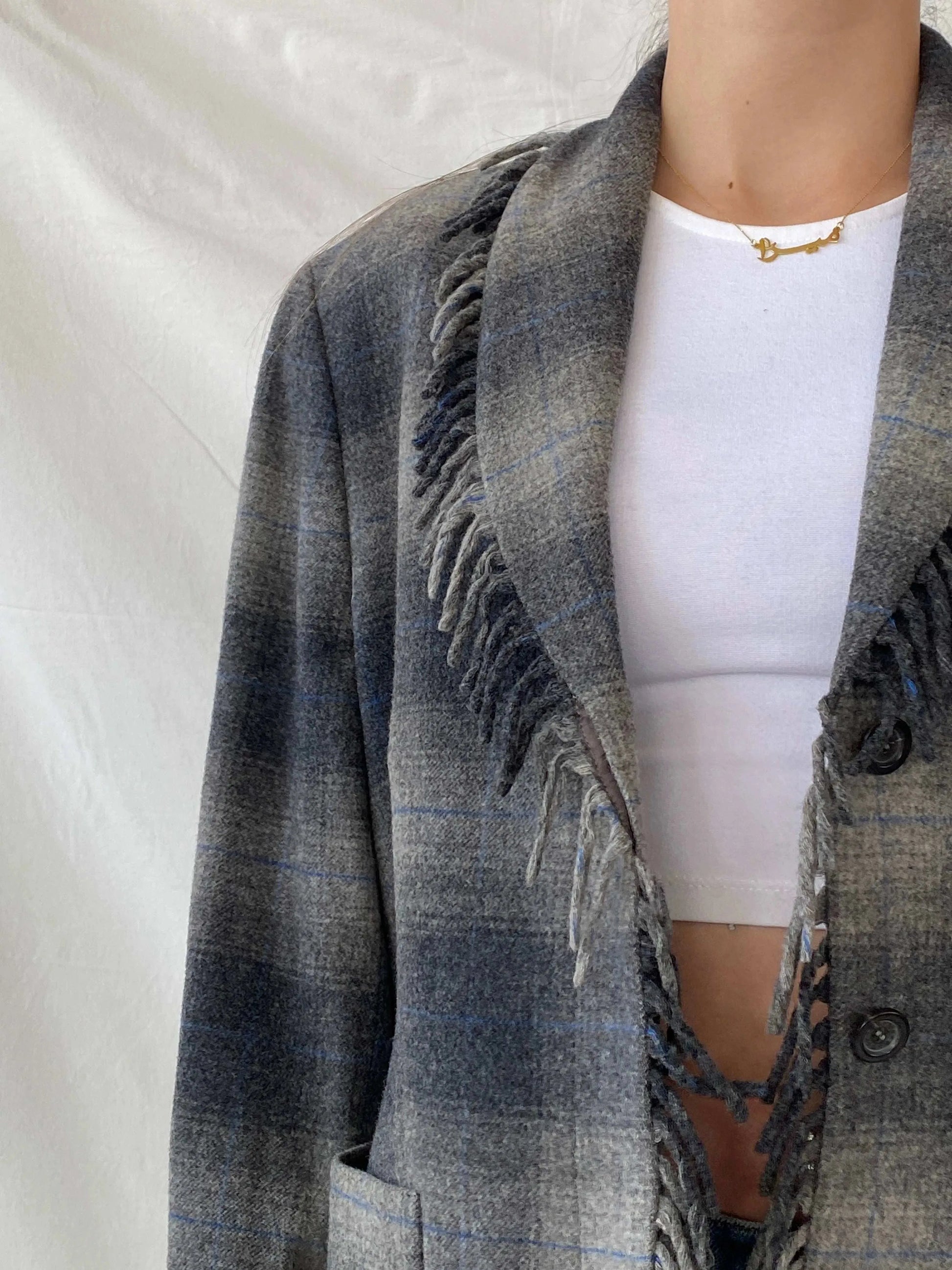 Beautiful ESCADA Sport Gray Wool Plaid Fringed Hem Blazer - XL - Balagan Vintage Blazer 00s, blazer, Coats&Jackets, full sleeve blazer, Mira, plaid, plaid blazer, Women's Blazers