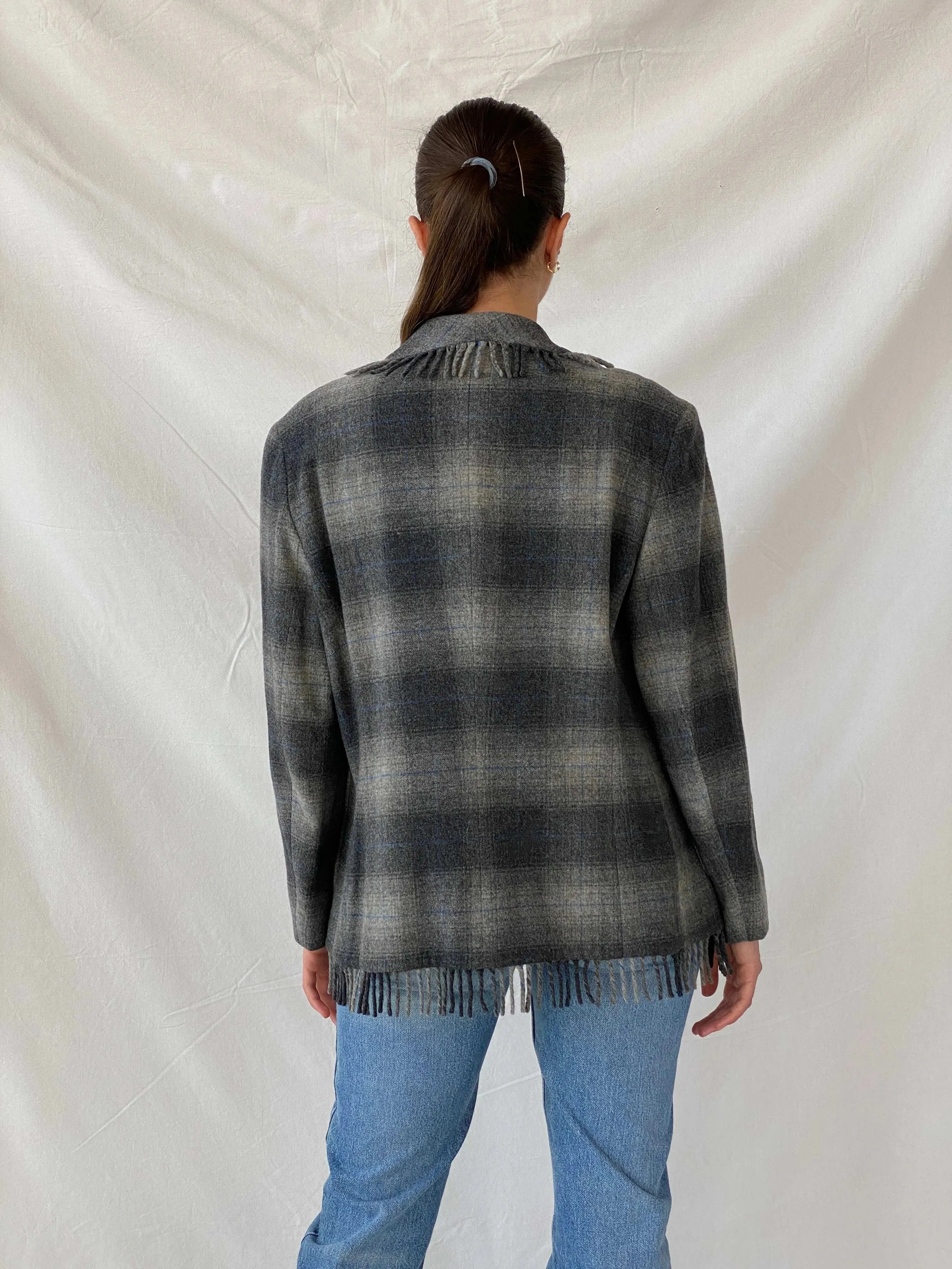 Beautiful ESCADA Sport Gray Wool Plaid Fringed Hem Blazer - XL - Balagan Vintage Blazer 00s, blazer, Coats&Jackets, full sleeve blazer, Mira, plaid, plaid blazer, Women's Blazers