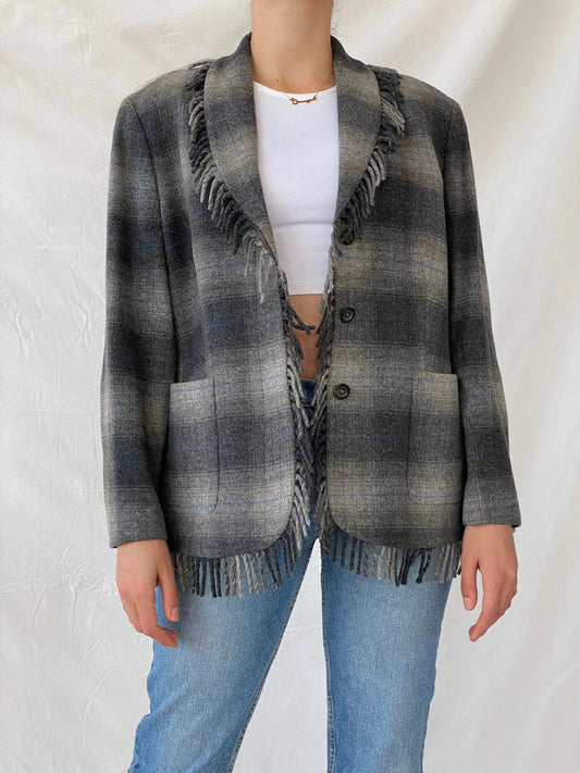 Beautiful ESCADA Sport Gray Wool Plaid Fringed Hem Blazer - XL - Balagan Vintage Blazer 00s, blazer, Coats&Jackets, full sleeve blazer, Mira, plaid, plaid blazer, Women's Blazers