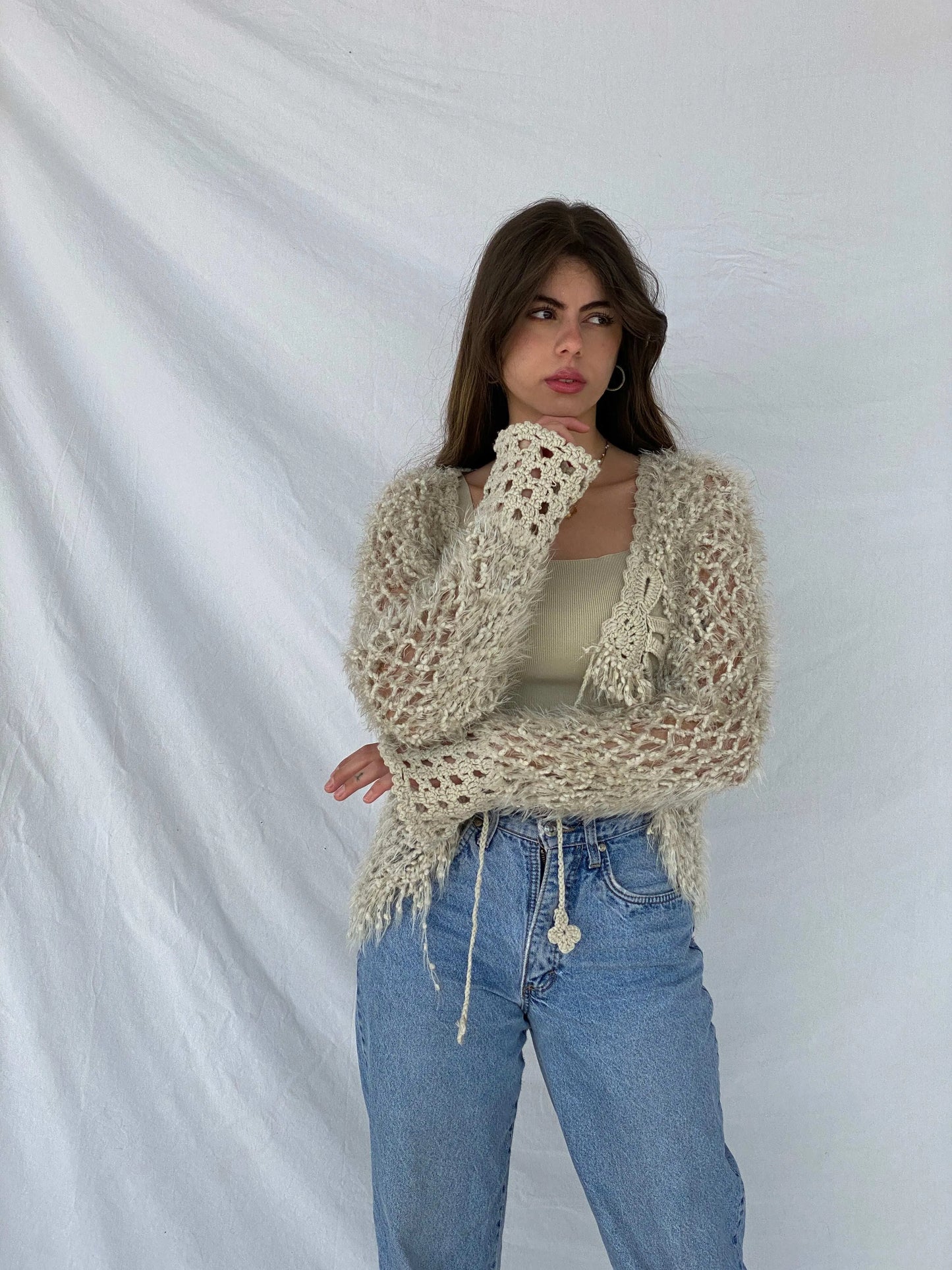 Beautiful Handmade Beige Crochet Cardigan - Balagan Vintage Cardigan 00s, cardigan, handmade, knitted cardigan, Mira