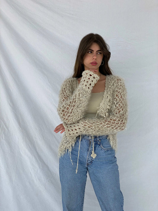Beautiful Handmade Beige Crochet Cardigan - Balagan Vintage Cardigan 00s, cardigan, handmade, knitted cardigan, Mira