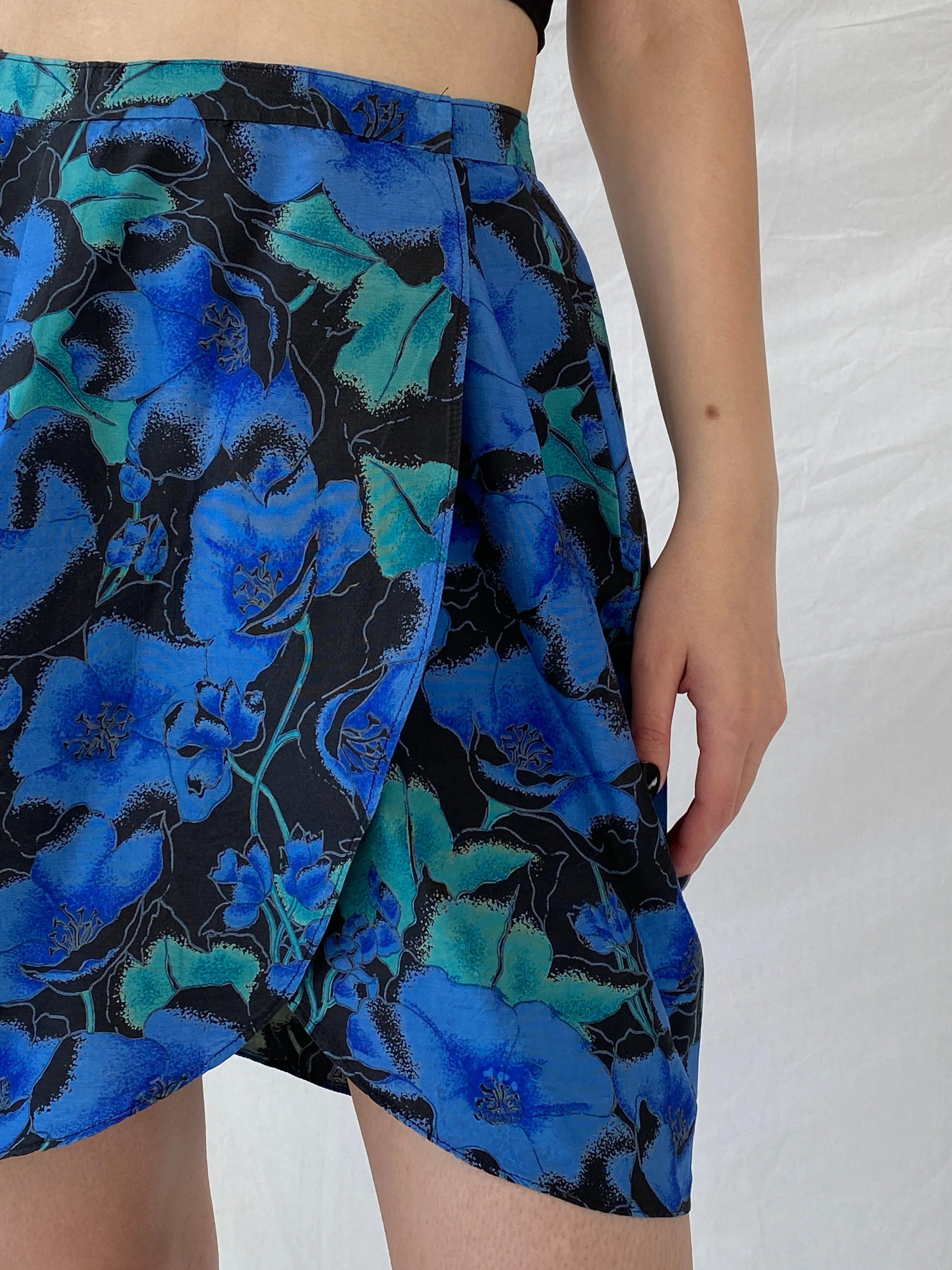 Beautiful Handmade Blue Floral Mini Wrap Skirt - S - Balagan Vintage Mini Skirt Ayah, floral, floral skirt, mini skirt, skirt, wrap, wrap skirt
