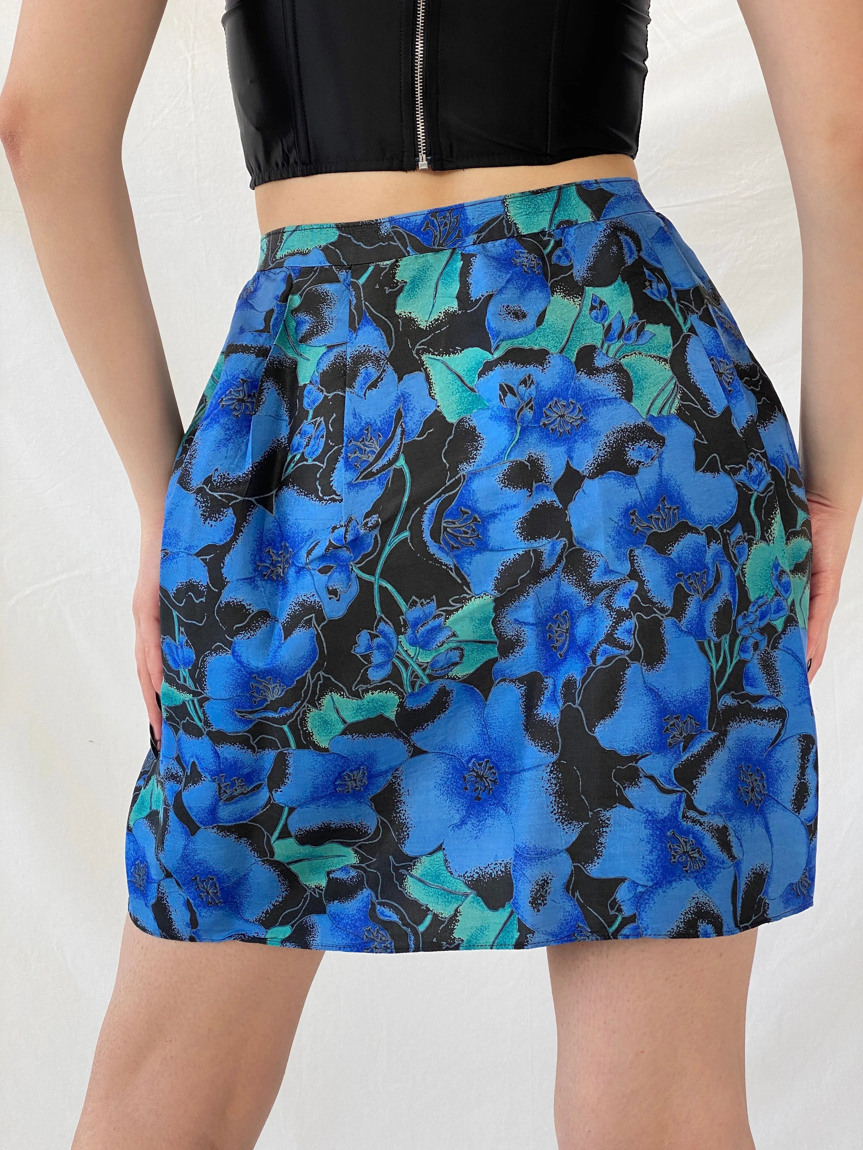 Beautiful Handmade Blue Floral Mini Wrap Skirt - S - Balagan Vintage Mini Skirt Ayah, floral, floral skirt, mini skirt, skirt, wrap, wrap skirt