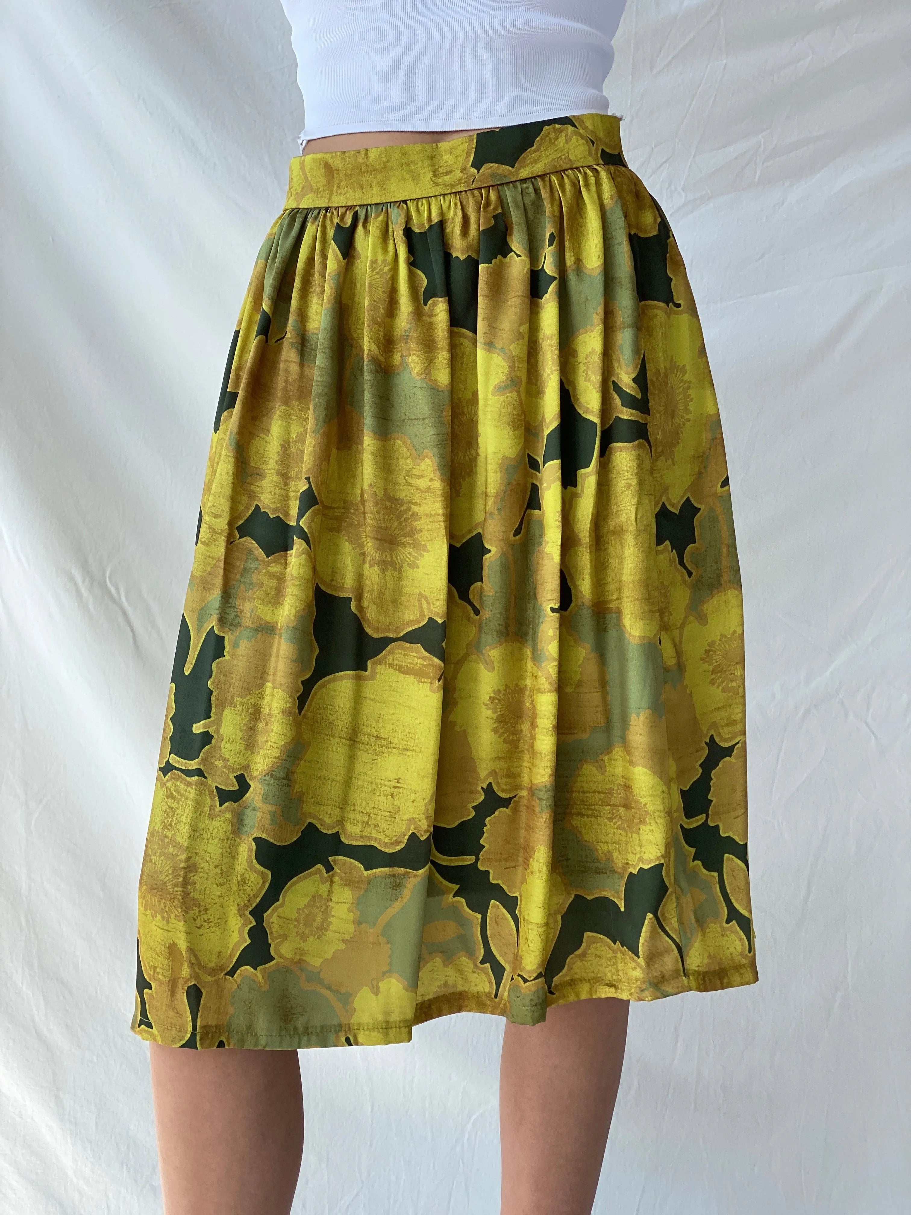 Beautiful La Fée Maraboutée Yellow & Green Floral Midi Skirt - M - Balagan Vintage Midi Skirt Ayah, floral skirt, midi skirt, skirt, Syntia, women skirt, yellow