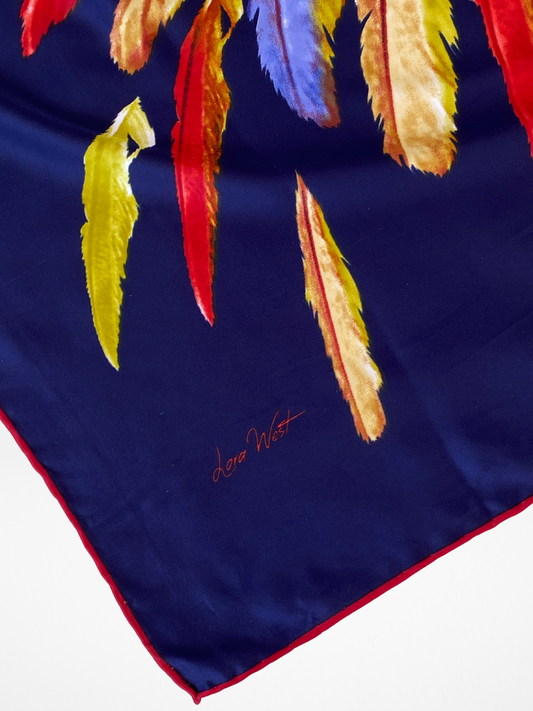 Beautiful Lora West Navy Vibrant Abstract Feather Satin Square Scarf - Balagan Vintage Scarf 00s, multicolored, NEW IN, scarf, summer