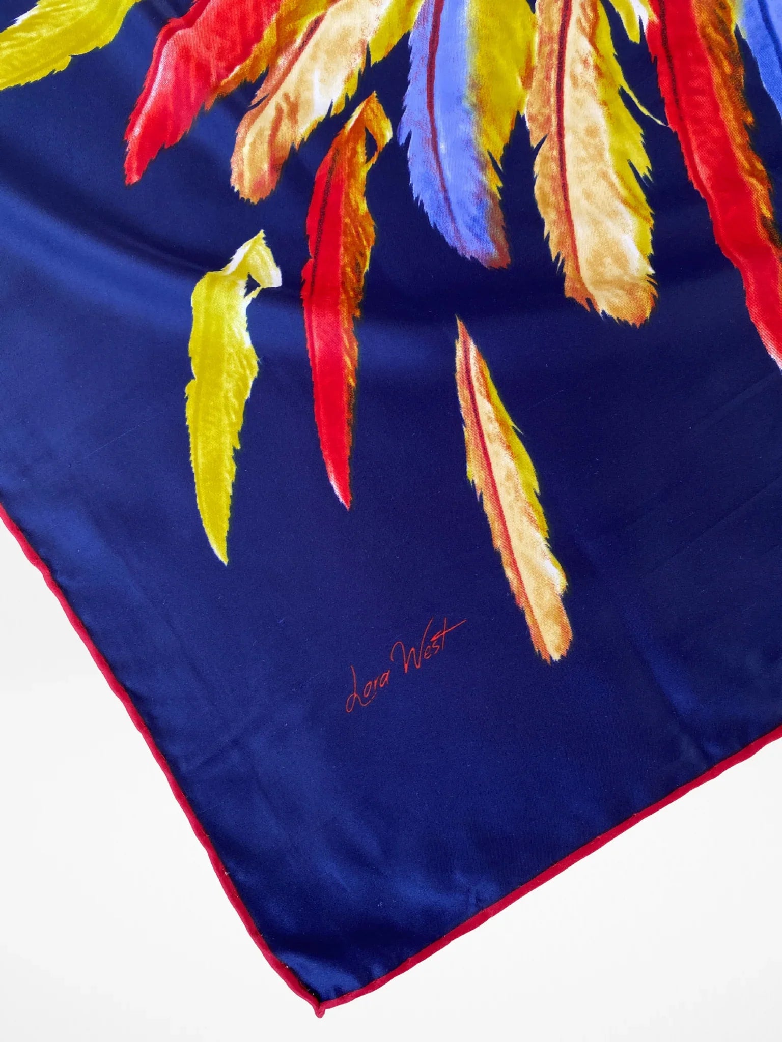 Beautiful Lora West Navy Vibrant Abstract Feather Satin Square Scarf - Balagan Vintage Scarf 00s, multicolored, NEW IN, scarf, summer
