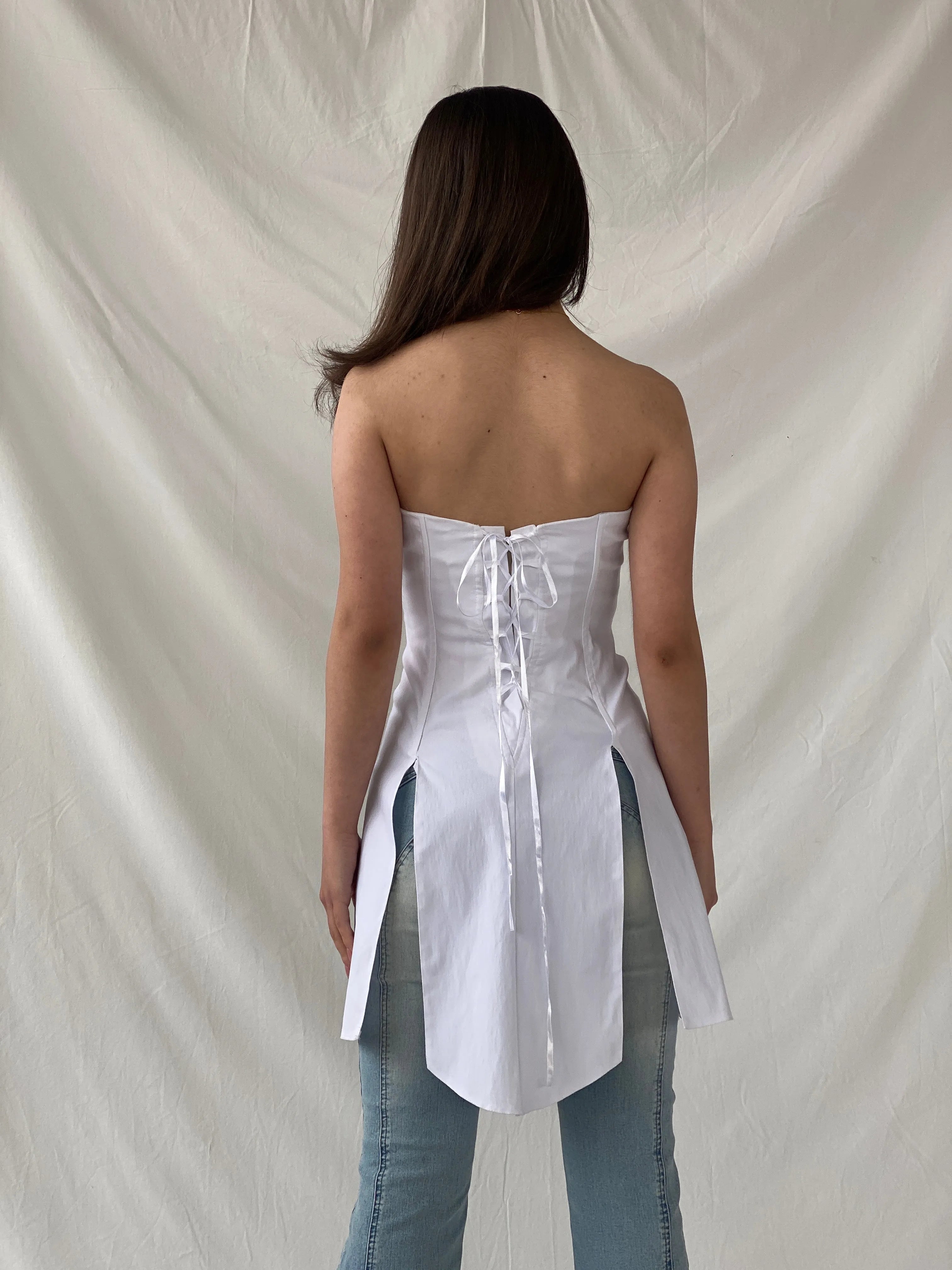 Beautiful Mara Margo White Boned Corset Bandeau Split Slit Top - S - Balagan Vintage Corset 90s, Christine, corset, Top, winter, women top