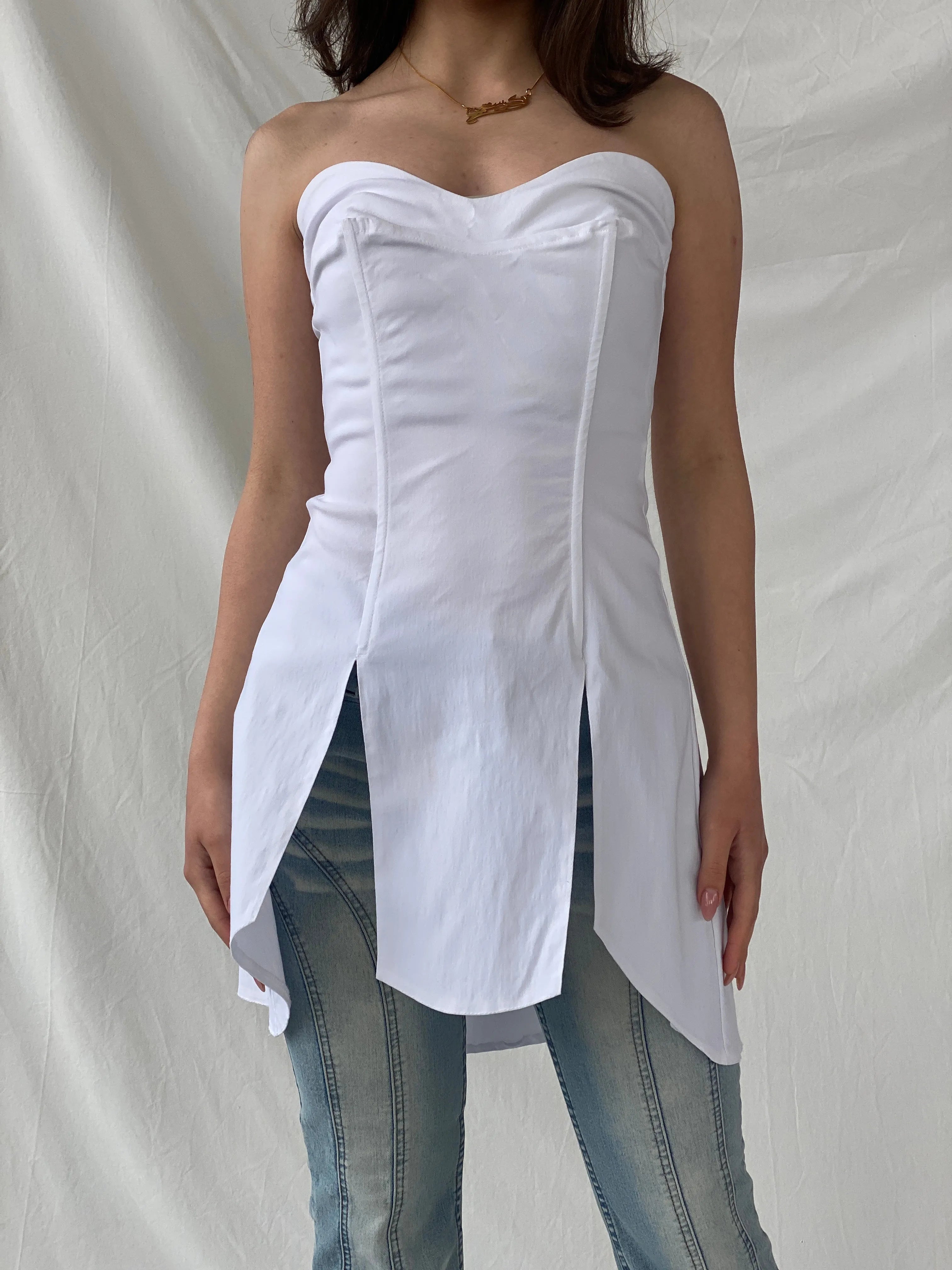 Beautiful Mara Margo White Boned Corset Bandeau Split Slit Top - S - Balagan Vintage Corset 90s, Christine, corset, Top, winter, women top