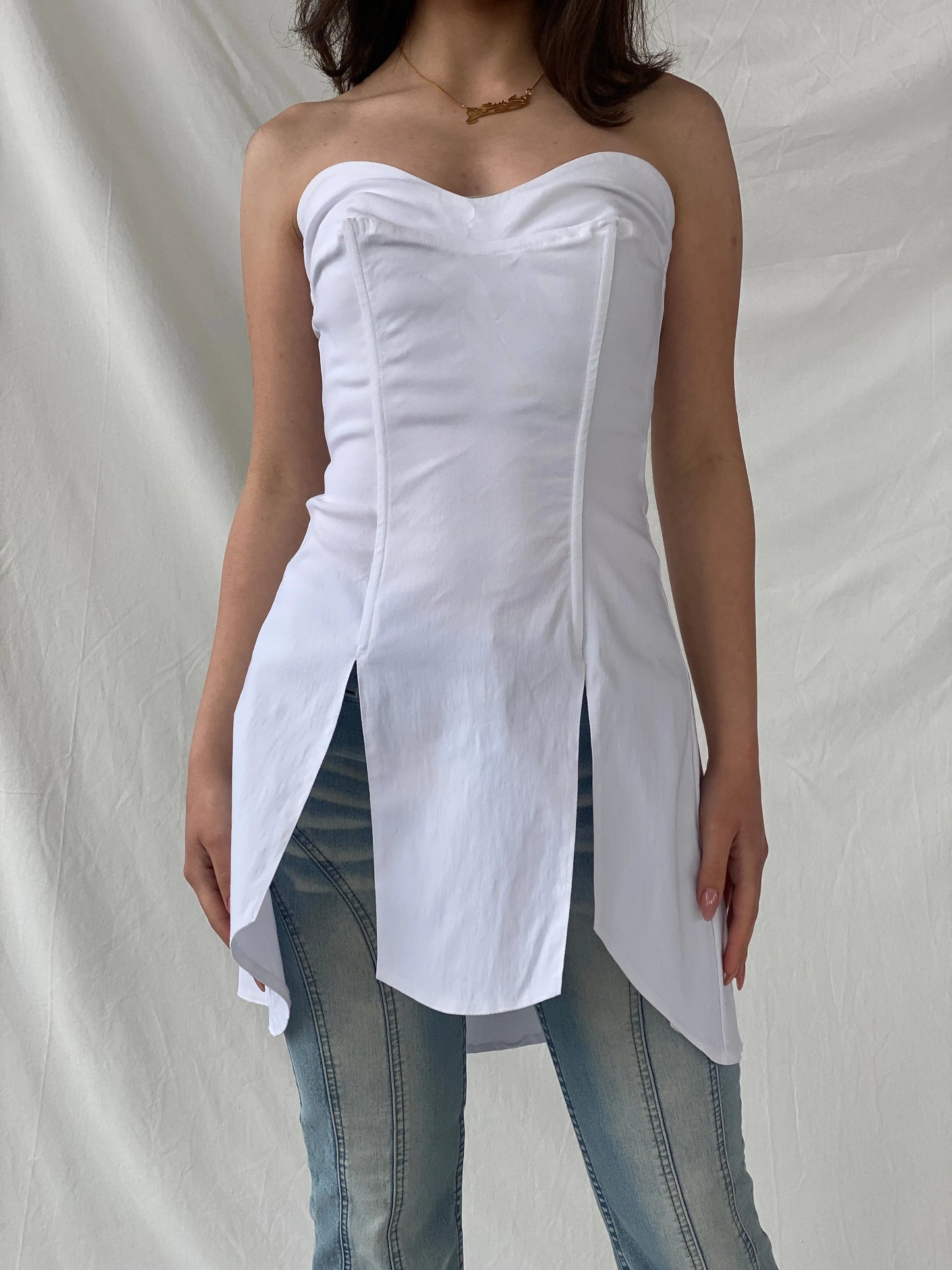 Beautiful Mara Margo White Boned Corset Bandeau Split Slit Top - S - Balagan Vintage Corset 90s, Christine, corset, Top, winter, women top