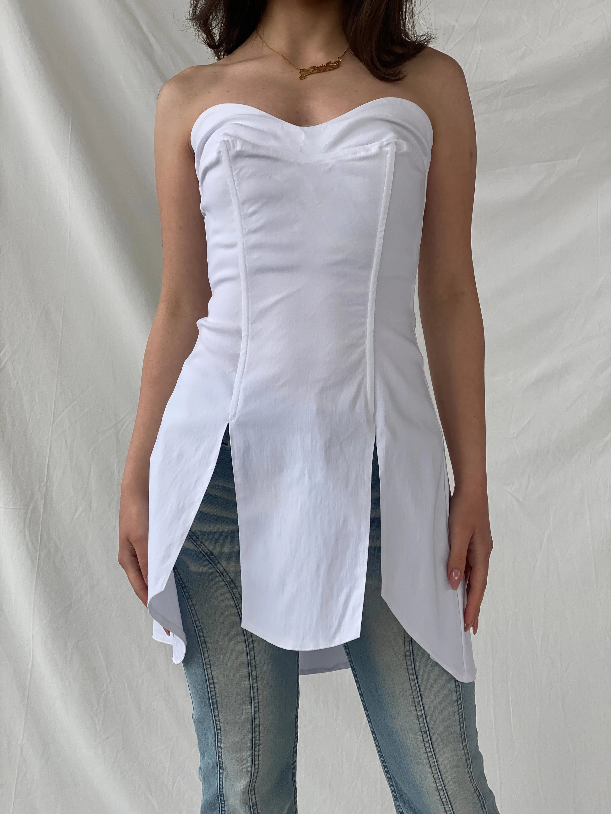 Beautiful Mara Margo White Boned Corset Bandeau Split Slit Top - S - Balagan Vintage Corset 90s, Christine, corset, Top, winter, women top