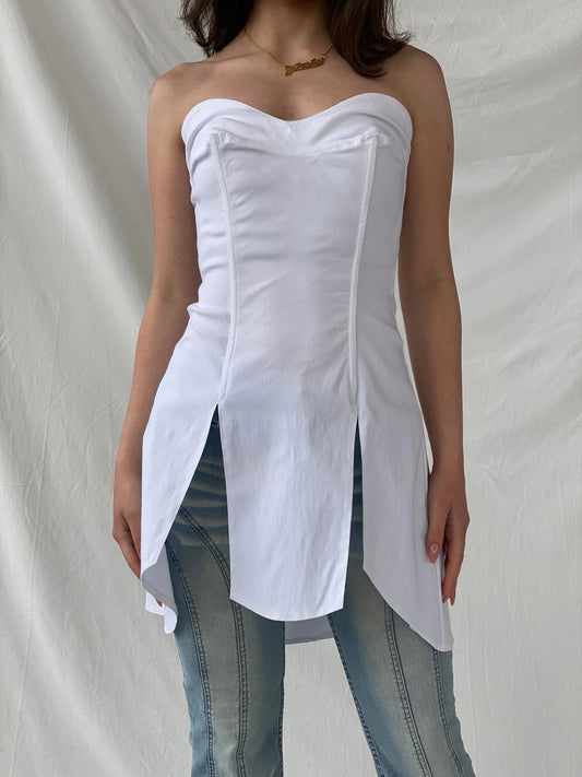 Beautiful Mara Margo White Boned Corset Bandeau Split Slit Top - S - Balagan Vintage Corset 90s, Christine, corset, Top, winter, women top