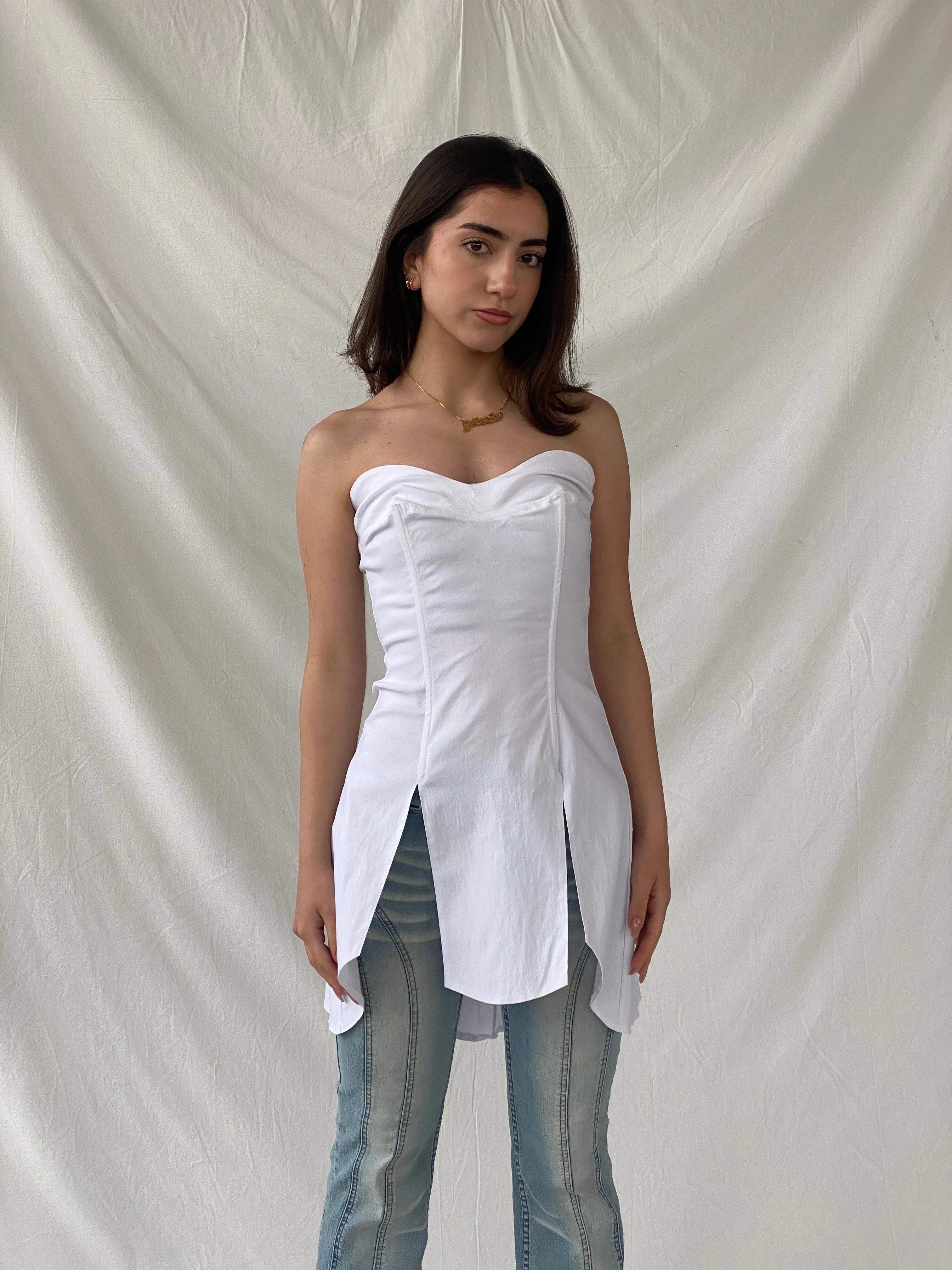 Beautiful Mara Margo White Boned Corset Bandeau Split Slit Top - S - Balagan Vintage Corset 90s, Christine, corset, Top, winter, women top