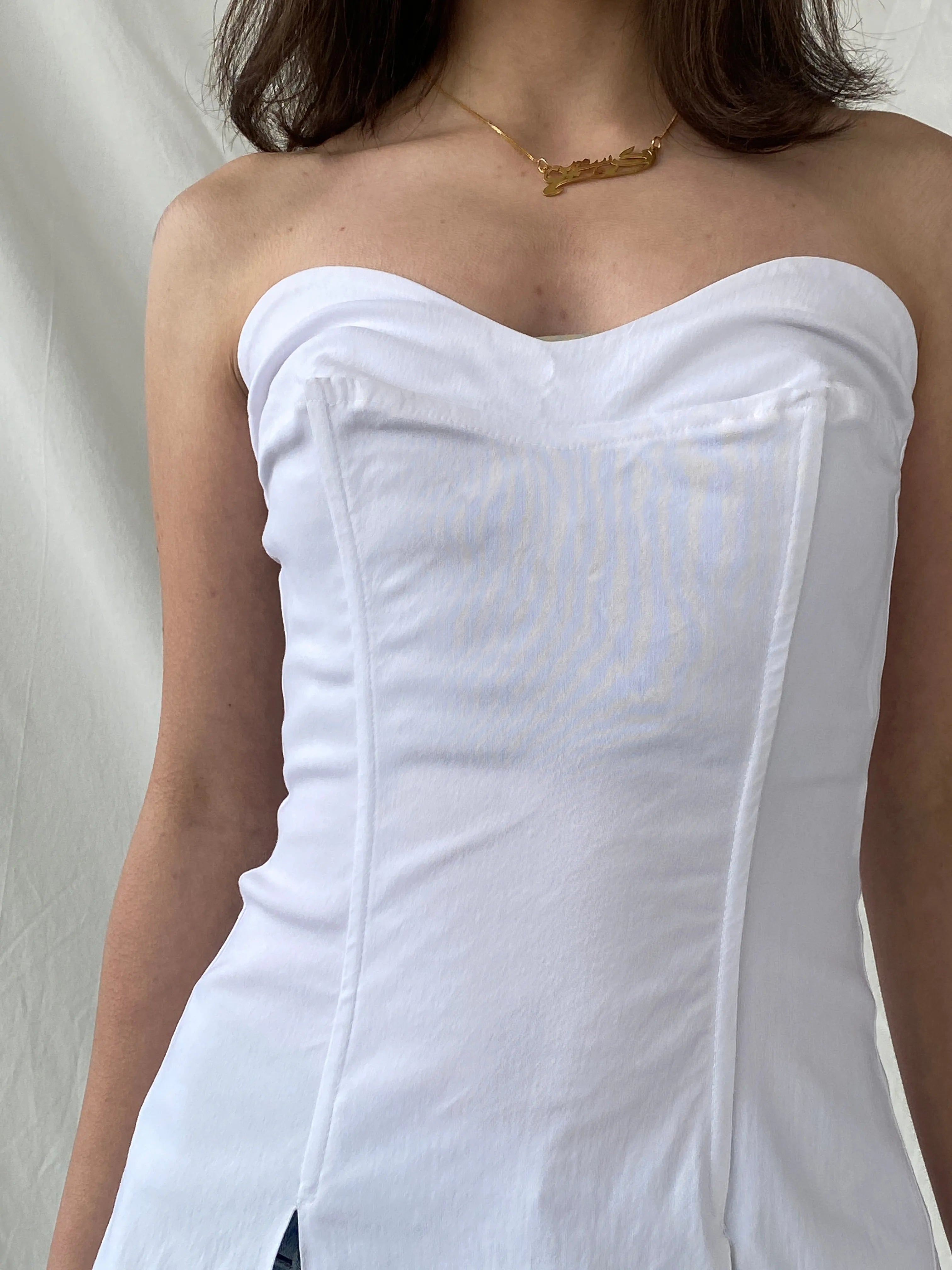 Beautiful Mara Margo White Boned Corset Bandeau Split Slit Top - S - Balagan Vintage Corset 90s, Christine, corset, Top, winter, women top