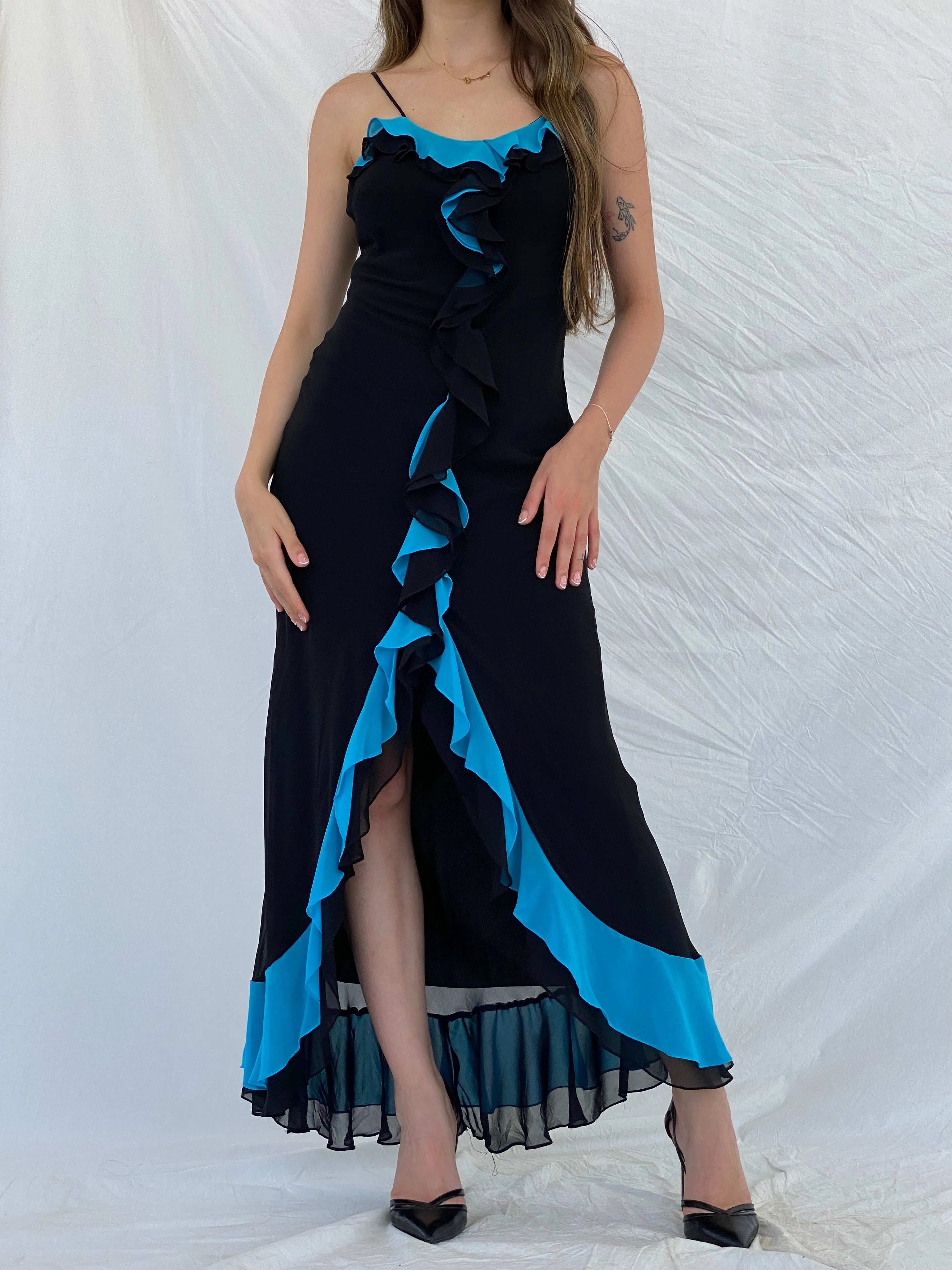 Beautiful Vintage Cicci USA Silk Ruffle Bottom Maxi Dress - S/M - Balagan Vintage Maxi Dress 00s, 90s, Deals, formal gown, gown, maxi dress, Mira, Wedding Guest
