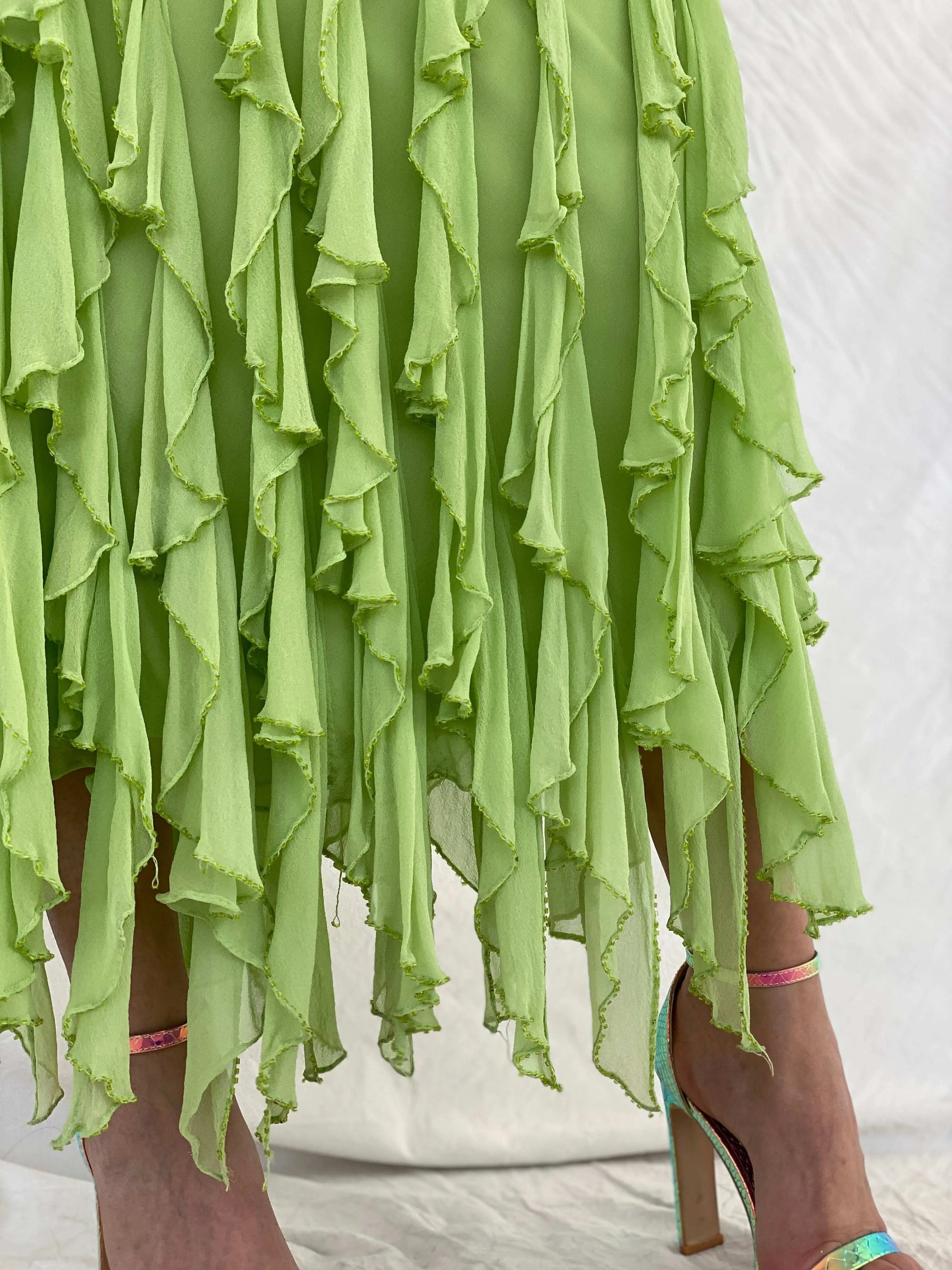 Beautiful Vintage Cici B Silk Lime Beaded Ruffle Bottom Lime Maxi Dress - M - Balagan Vintage Maxi Dress 00s, 90s, formal gown, gown, maxi dress, Mira, Wedding Guest