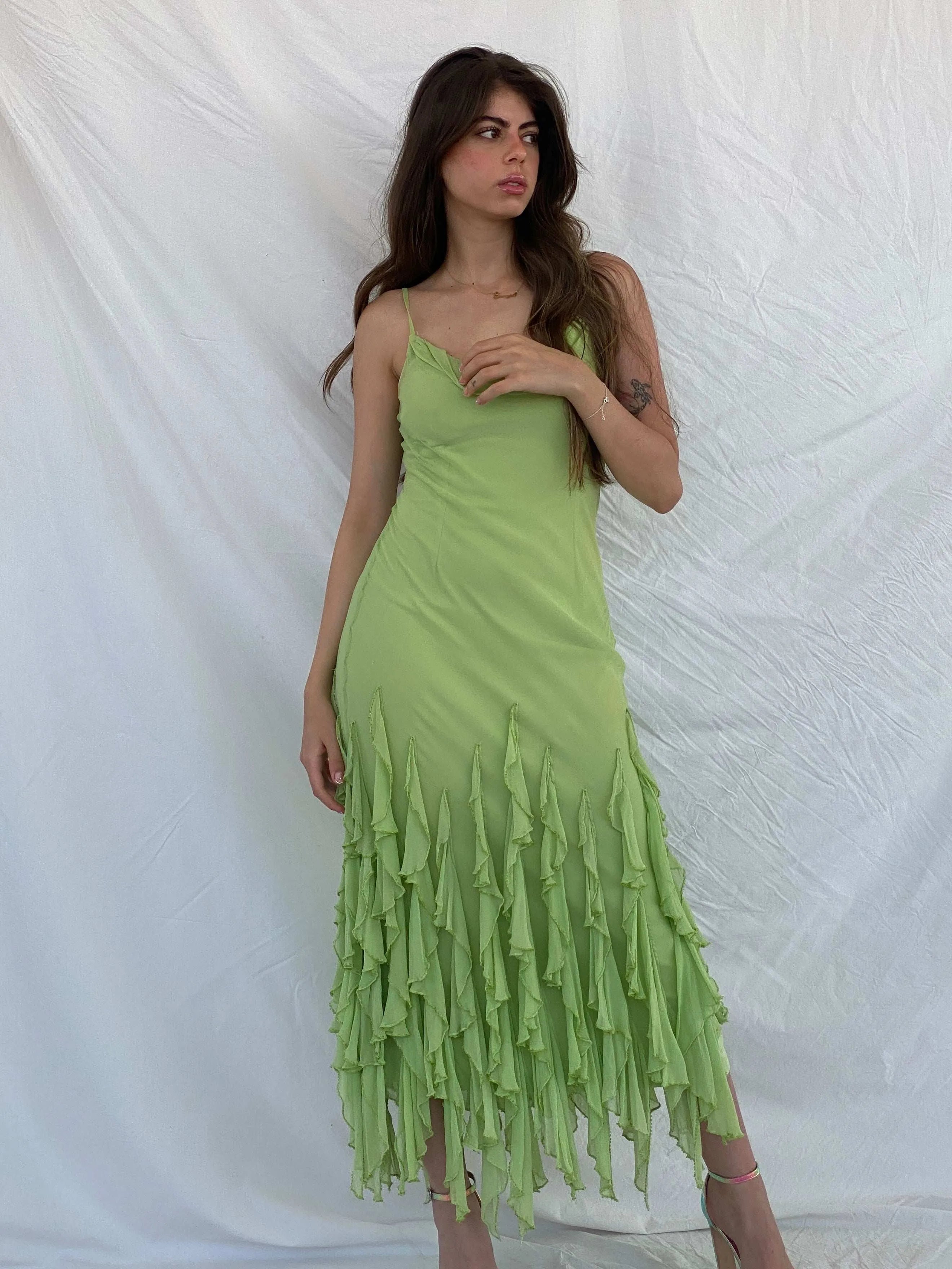 Beautiful Vintage Cici B Silk Lime Beaded Ruffle Bottom Lime Maxi Dress - M - Balagan Vintage Maxi Dress 00s, 90s, formal gown, gown, maxi dress, Mira, Wedding Guest