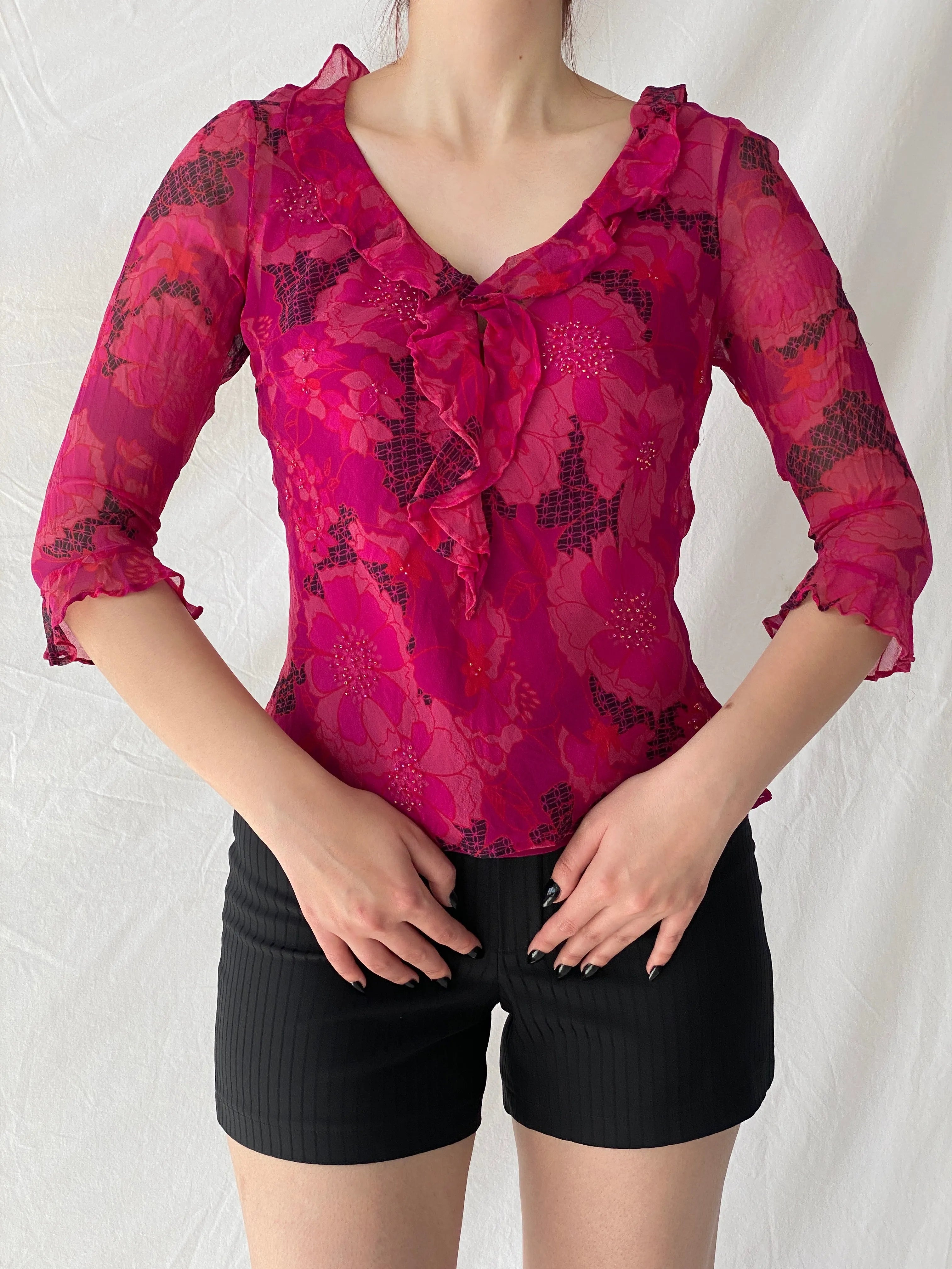 Beautiful Vintage E C I New York Floral Pink Beaded Silk Ruffle See Through Blouse - M - Balagan Vintage Full Sleeve Top 00s, Ayah, floral, floral top, silk, silk shirt, Top, women top