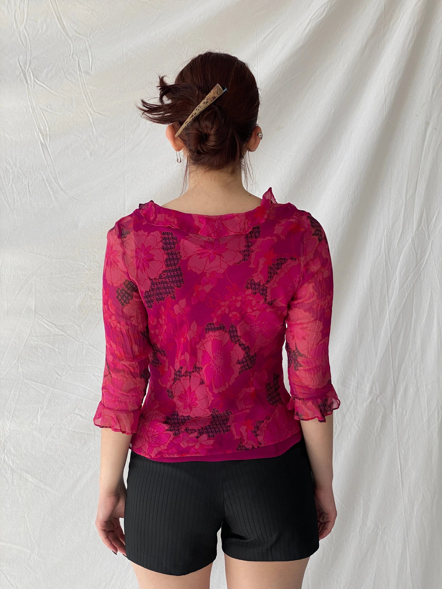 Beautiful Vintage E C I New York Floral Pink Beaded Silk Ruffle See Through Blouse - M - Balagan Vintage Full Sleeve Top 00s, Ayah, floral, floral top, silk, silk shirt, Top, women top