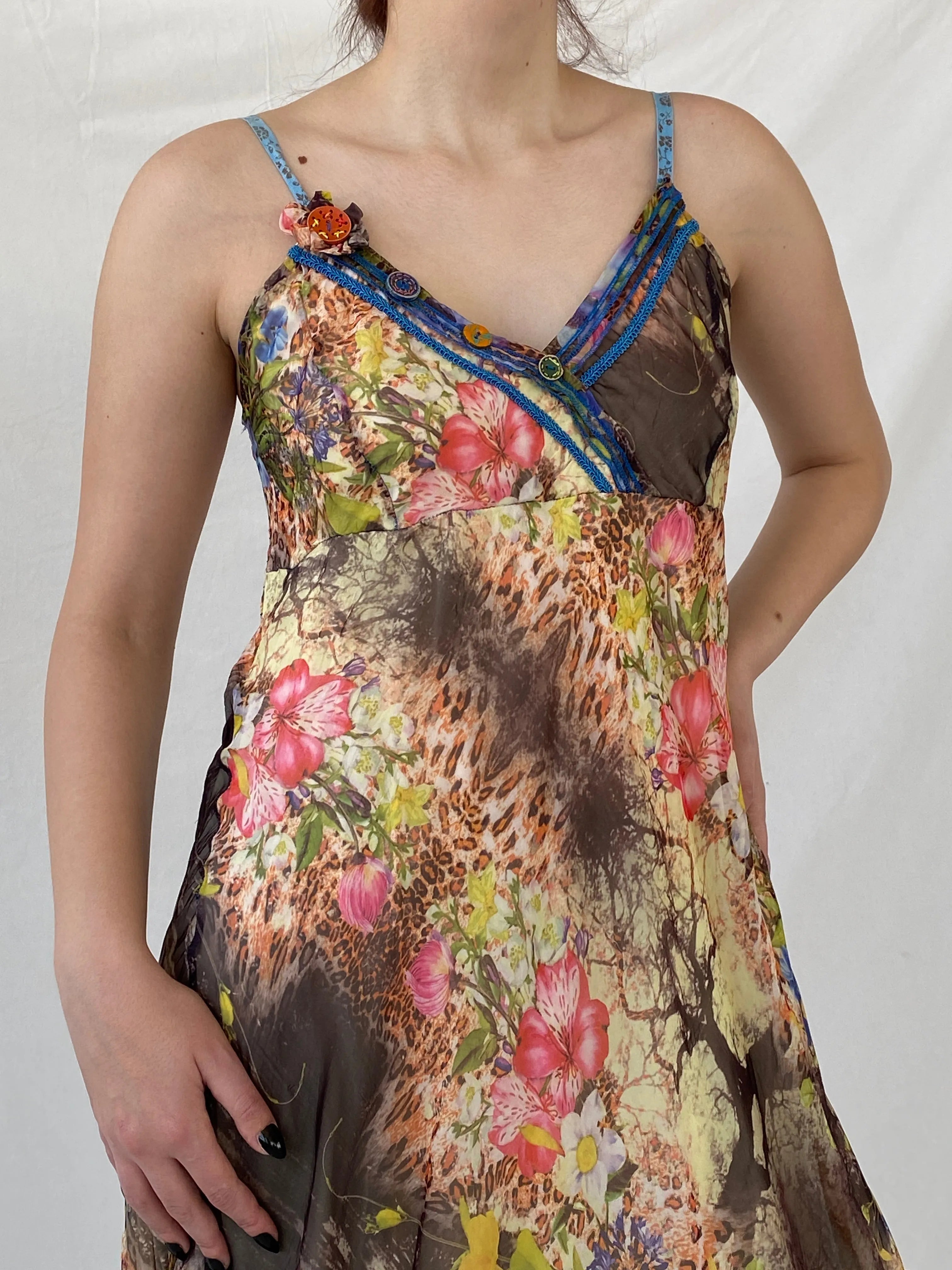 Beautiful Vintage Sensations Pour Elle Floral Multi-Colored Fairy Core Mermaid Midi Layered Dress - L - Balagan Vintage Midi Dress 90s dress, Ayah, dress, midi dress, shimmer