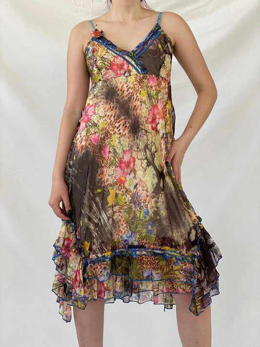 Beautiful Vintage Sensations Pour Elle Floral Multi-Colored Fairy Core Mermaid Midi Layered Dress - L - Balagan Vintage Midi Dress 90s dress, Ayah, dress, midi dress, shimmer