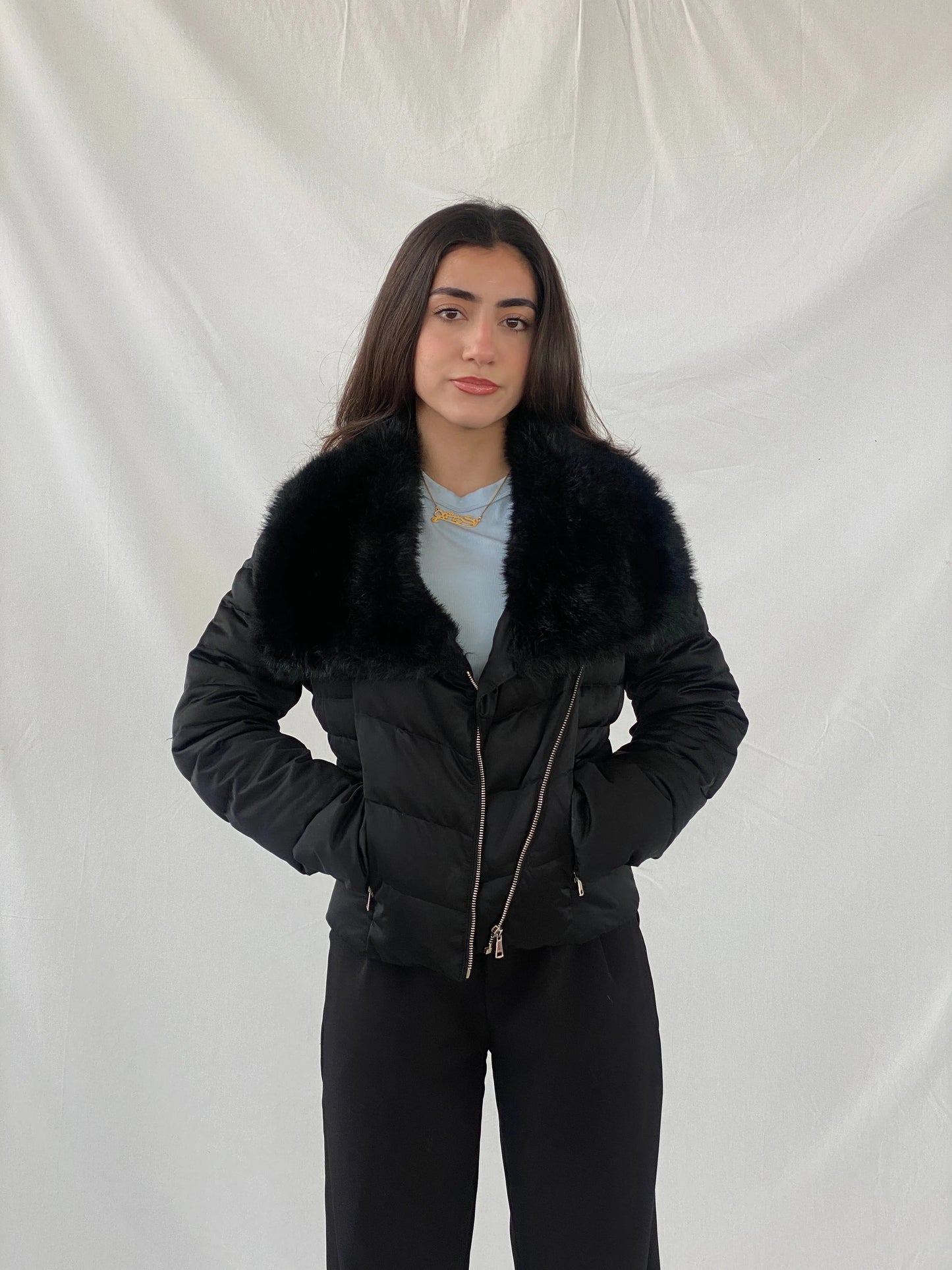 Bebe Black Exaggerated Faux Fur Collar Fitted Puffer Jacket - M - Balagan Vintage Puffer Jacket 90s, Christine, Coats&Jackets, consignment, faux fur, Janan, puffer jacket, winter, Women's Windbreaker Jackets